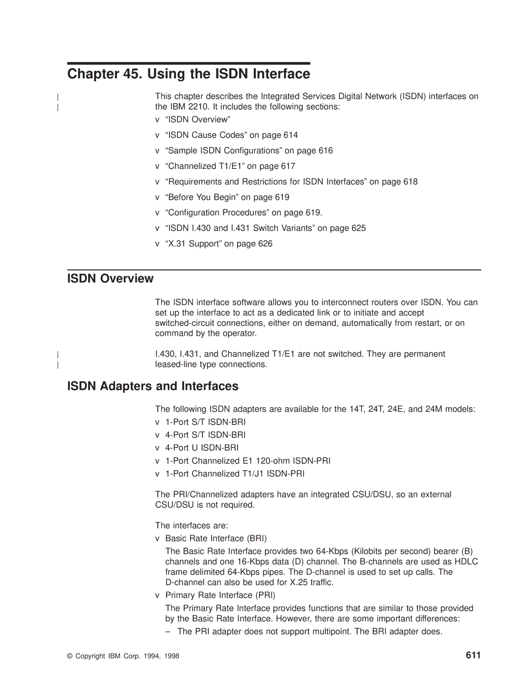 IBM SC30-3681-08 manual Using the Isdn Interface, Isdn Overview, Isdn Adapters and Interfaces, 611 