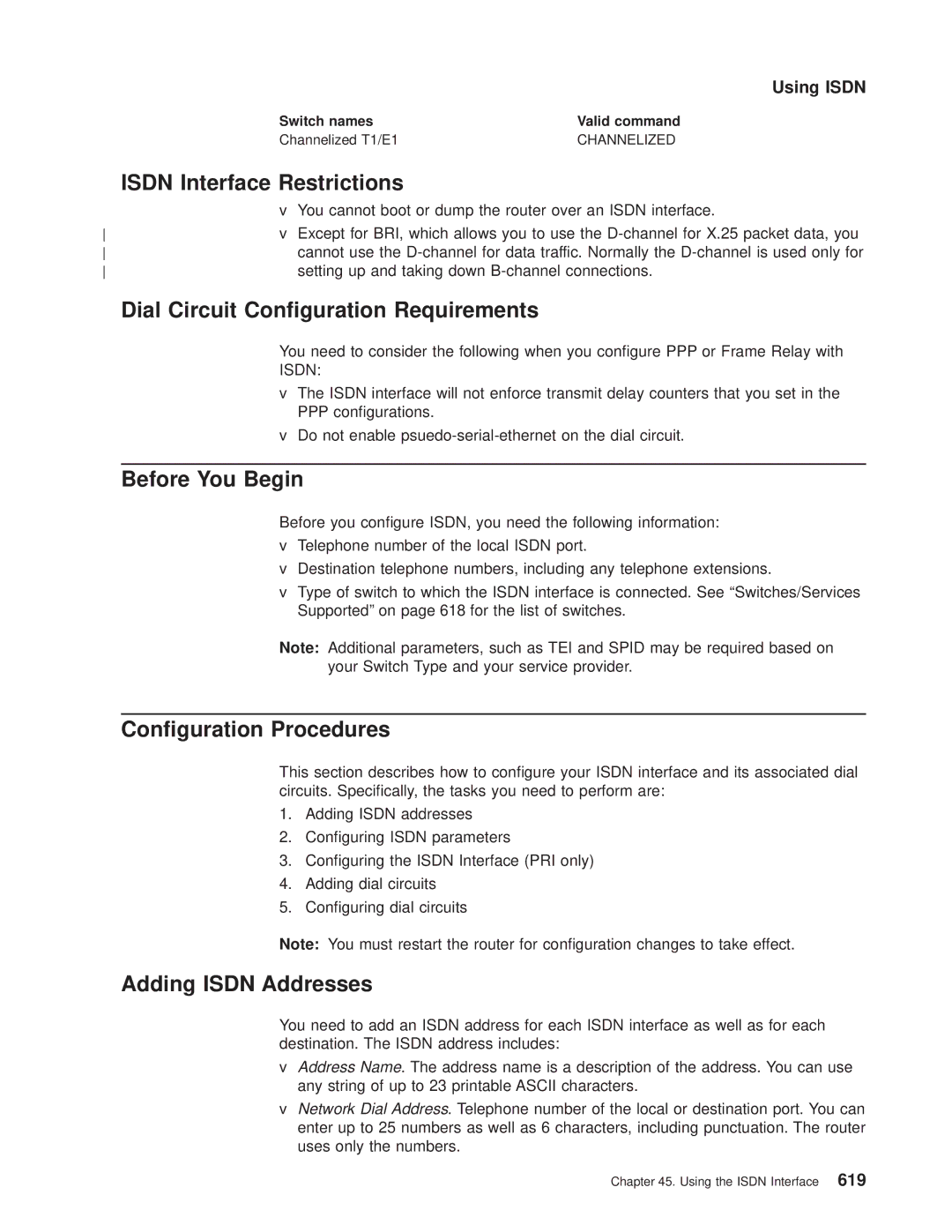 IBM SC30-3681-08 manual Isdn Interface Restrictions, Dial Circuit Conguration Requirements, Adding Isdn Addresses 