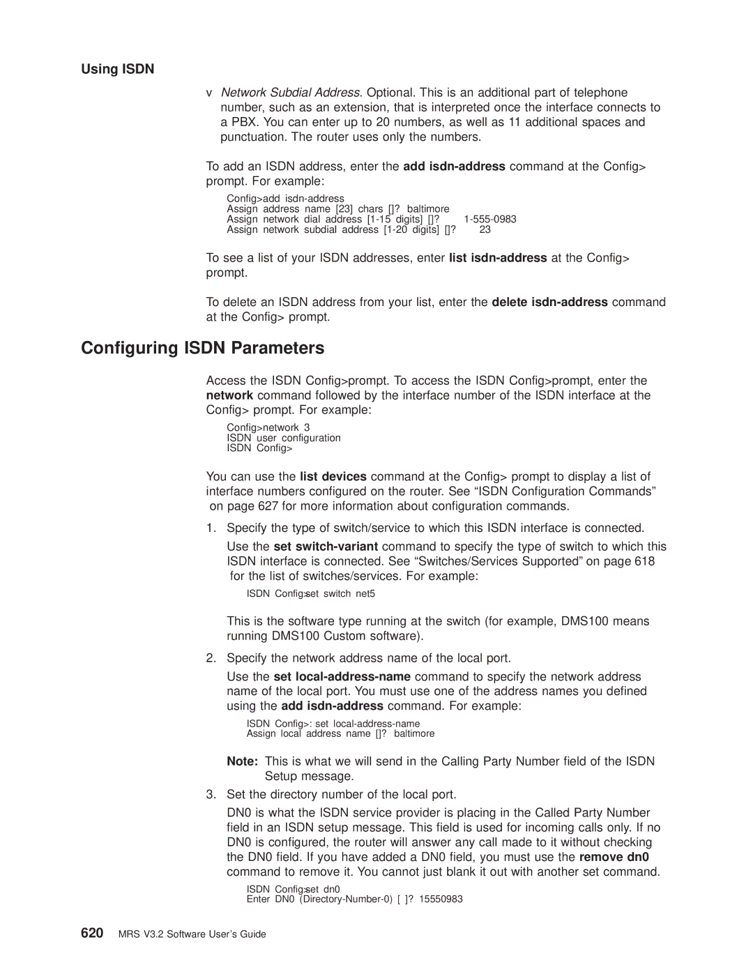 IBM SC30-3681-08 manual Conguring Isdn Parameters, Configadd isdn-address, Isdn Configset switch net5 