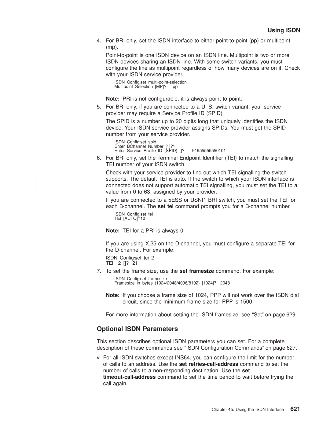 IBM SC30-3681-08 Optional Isdn Parameters, TEI number of your Isdn switch, Value from 0 to 63, assigned by your provider 