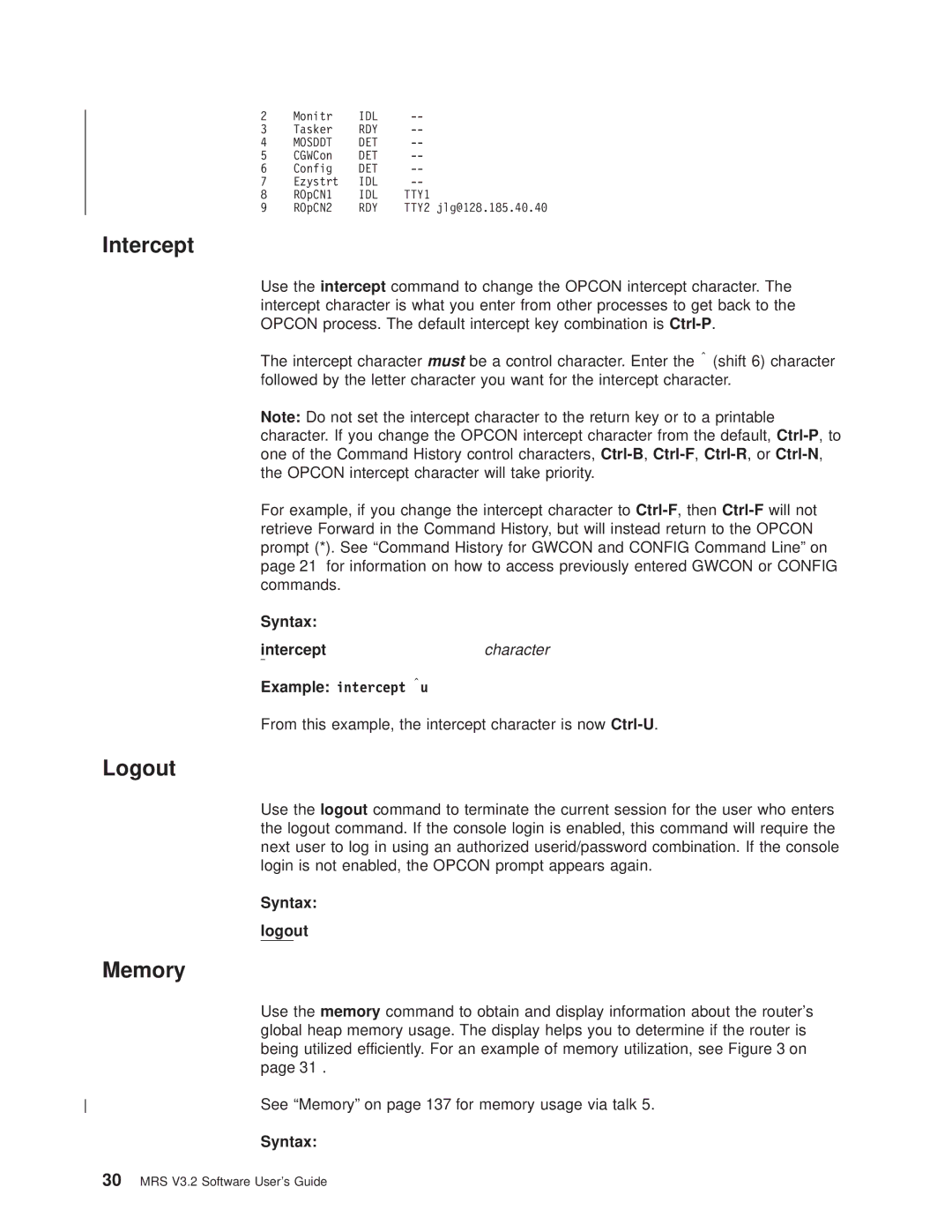 IBM SC30-3681-08 manual Intercept, Logout, Memory 