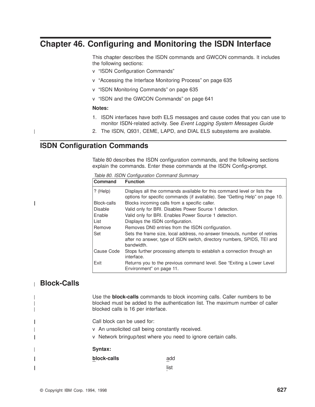 IBM SC30-3681-08 manual Conguring and Monitoring the Isdn Interface, Isdn Conguration Commands, Block-Calls, 627 