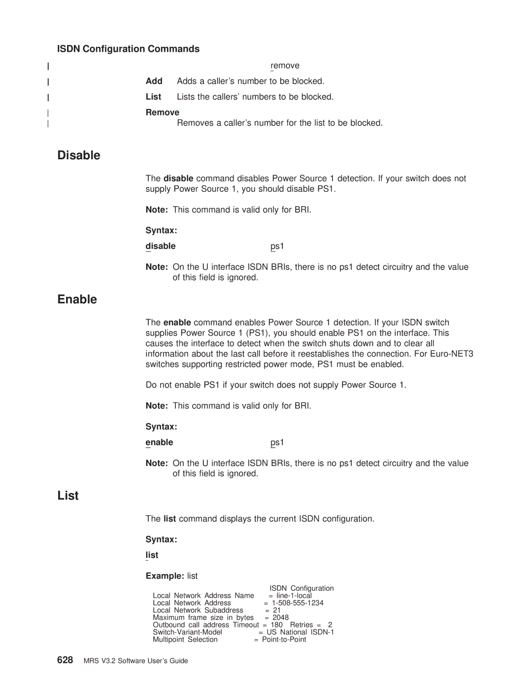 IBM SC30-3681-08 manual Isdn Conguration Commands, Syntax Disable Ps1, Syntax Enable Ps1 