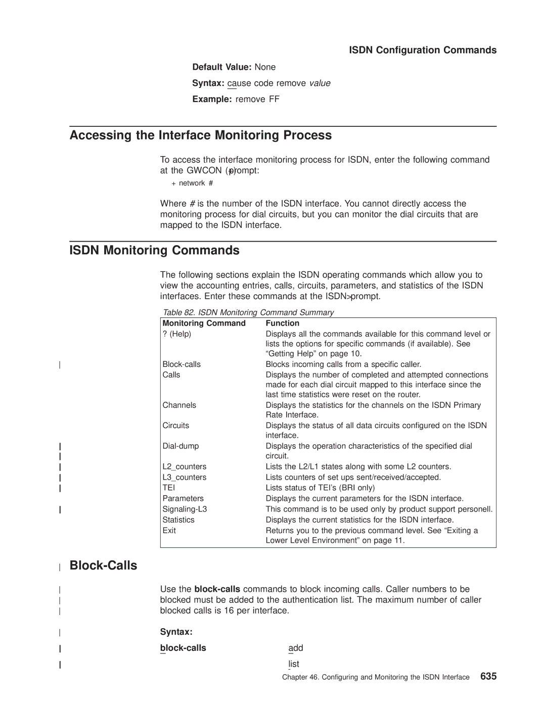 IBM SC30-3681-08 Isdn Monitoring Commands, Syntax cause code remove value, Example remove FF, Monitoring Command Function 