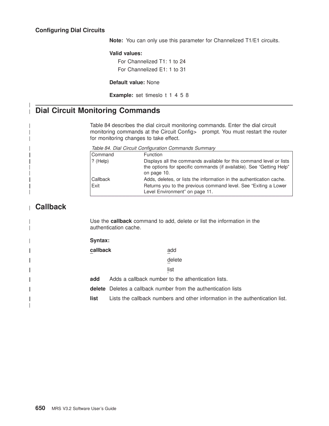 IBM SC30-3681-08 manual Dial Circuit Monitoring Commands, Syntax Callback 