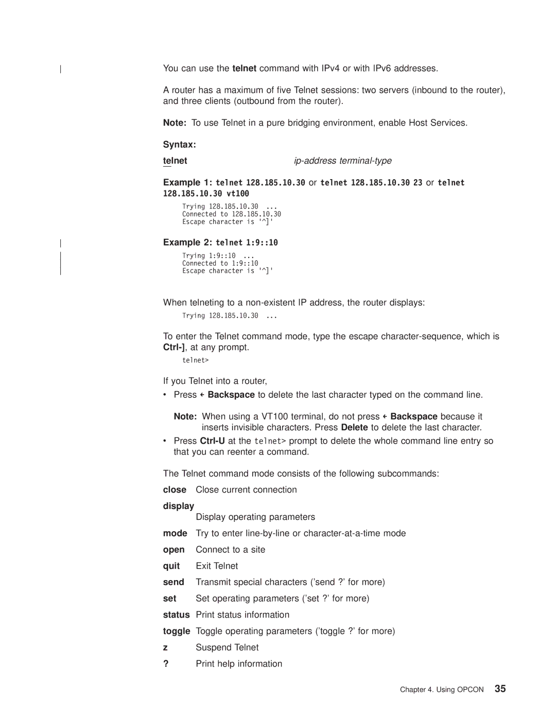 IBM SC30-3681-08 manual Three clients outbound from the router, Syntax Telnet, Ip-address terminal-type, Display 