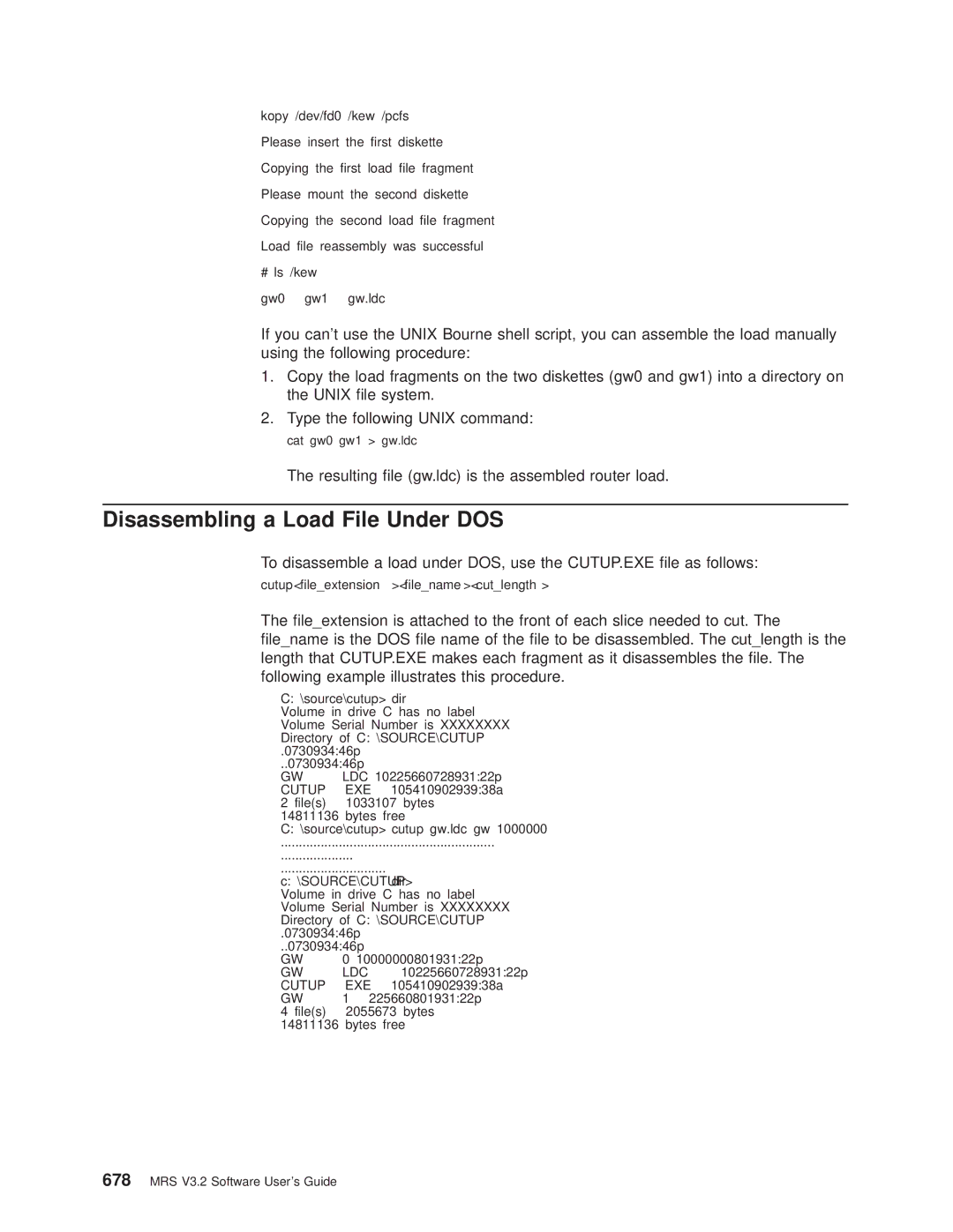 IBM SC30-3681-08 manual Disassembling a Load File Under DOS, Resulting le gw.ldc is the assembled router load 