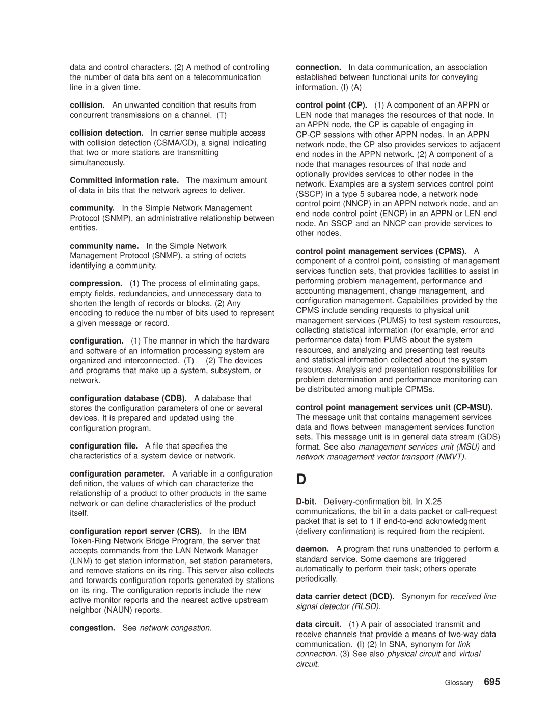 IBM SC30-3681-08 manual Congestion. See network congestion, Control point management services CPMS. a, Signal detector Rlsd 