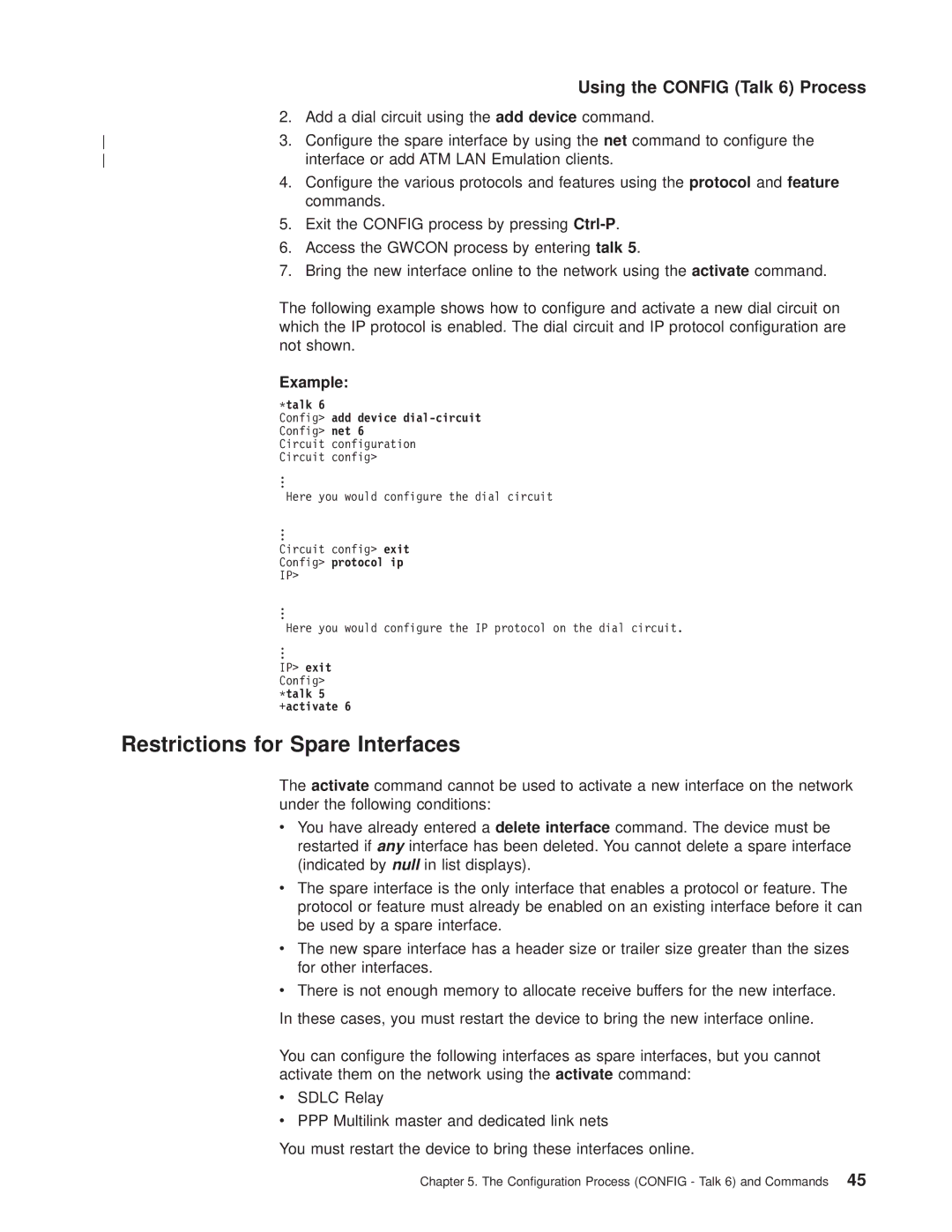 IBM SC30-3681-08 manual Restrictions for Spare Interfaces, Add a dial circuit using the add device command, Commands 