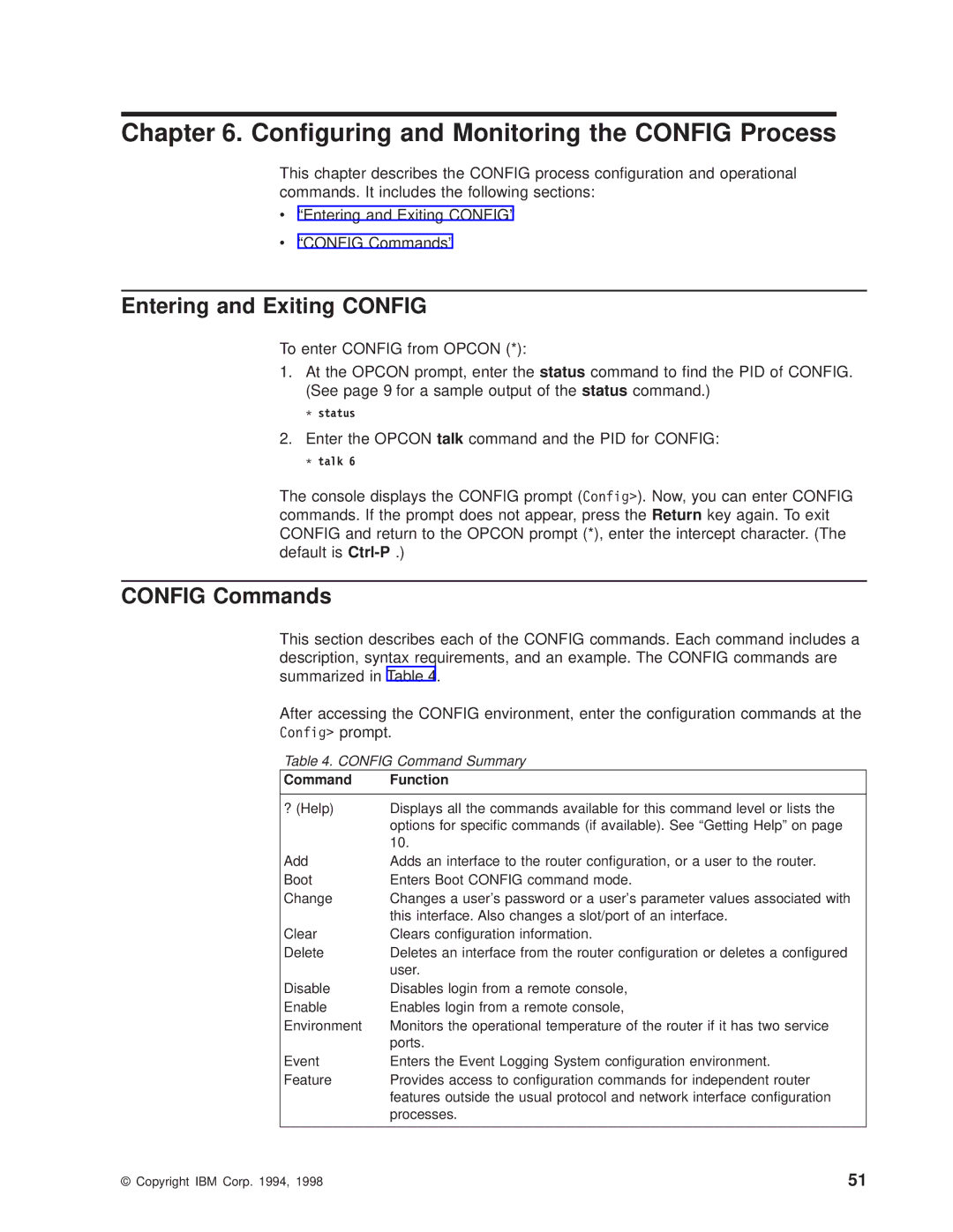 IBM SC30-3681-08 manual Conguring and Monitoring the Config Process, Entering and Exiting Config, Config Commands 