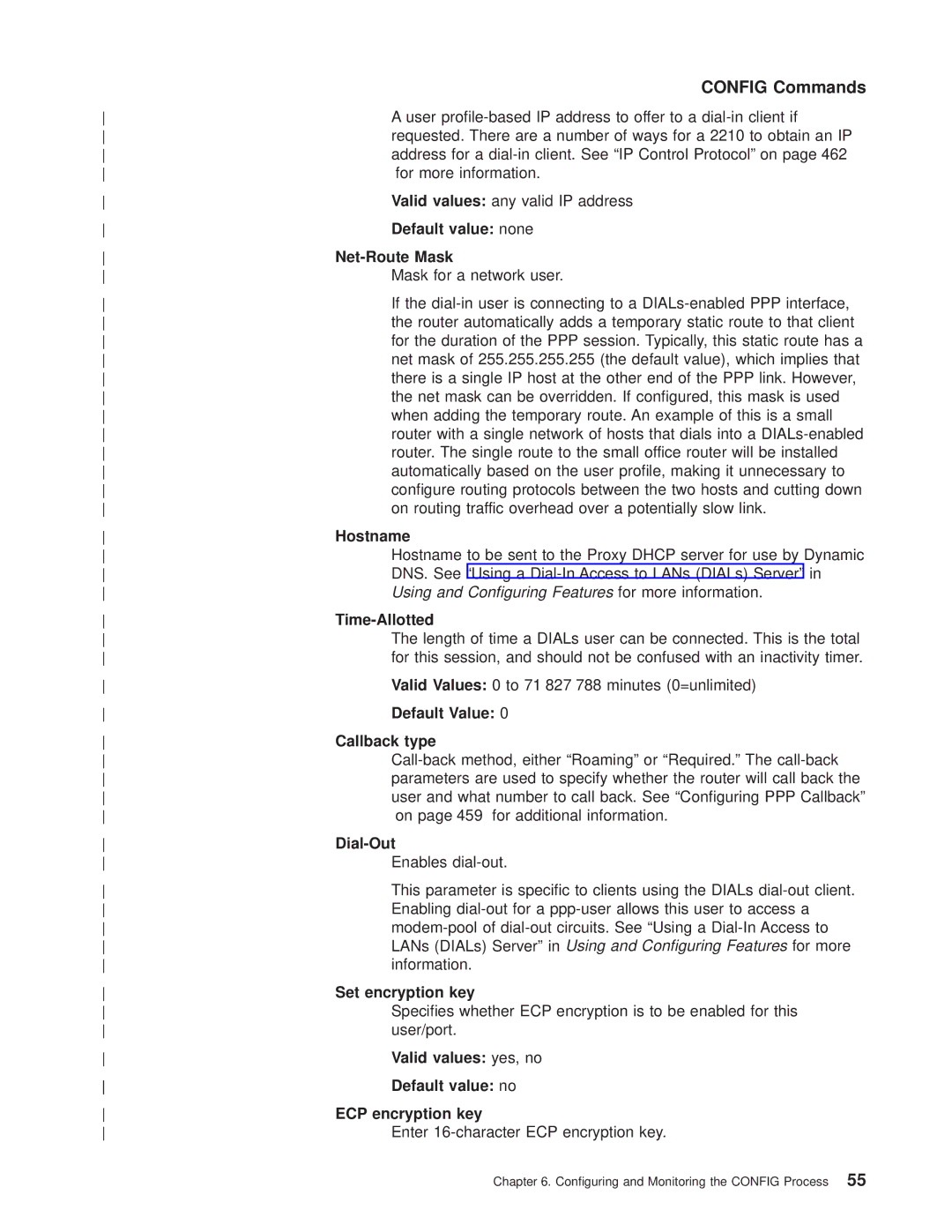 IBM SC30-3681-08 Default value none, Net-Route Mask, Hostname, Time-Allotted, Callback type, Dial-Out, Set encryption key 