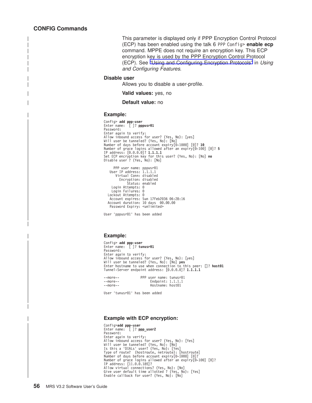 IBM SC30-3681-08 manual Conguring Features, Disable user, Example with ECP encryption 