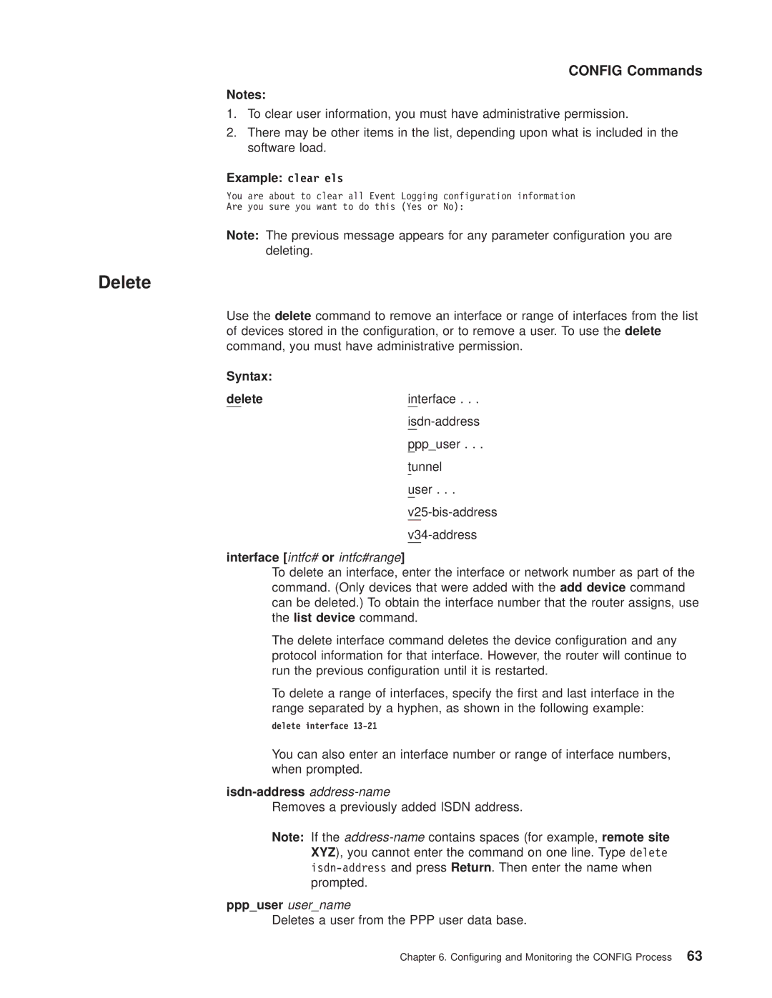 IBM SC30-3681-08 manual Example clear els, Syntax Delete, Isdn-address address-name, Pppuser username 