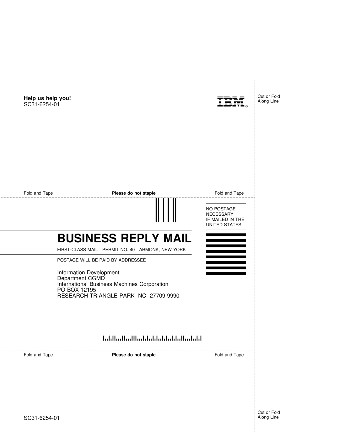 IBM SC31-6254-01 manual Business Reply Mail 