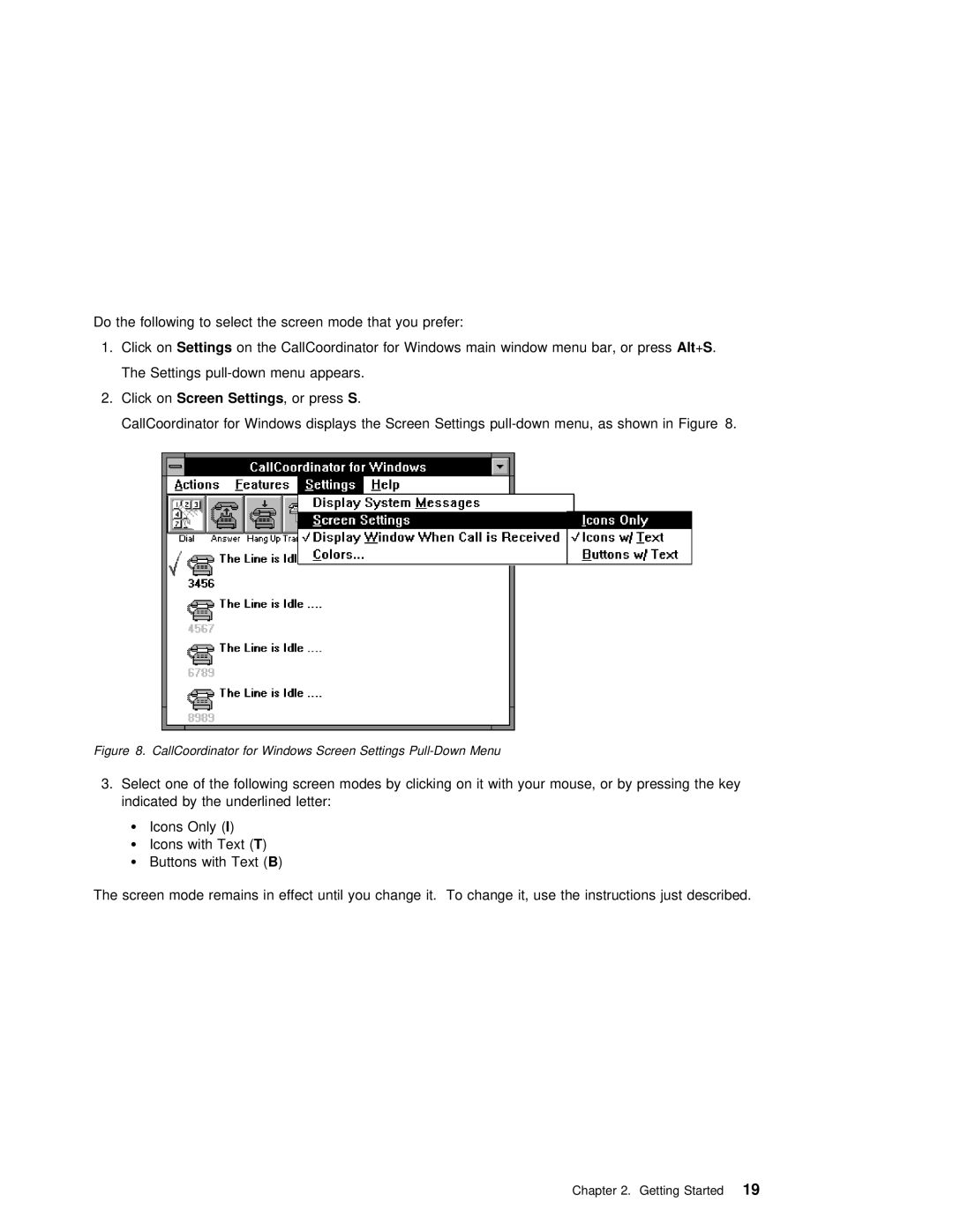 IBM SC31-6254-01 manual Click onScreen Settings, CallCoordinator for Windows Screen Settings Pull-Down Menu 