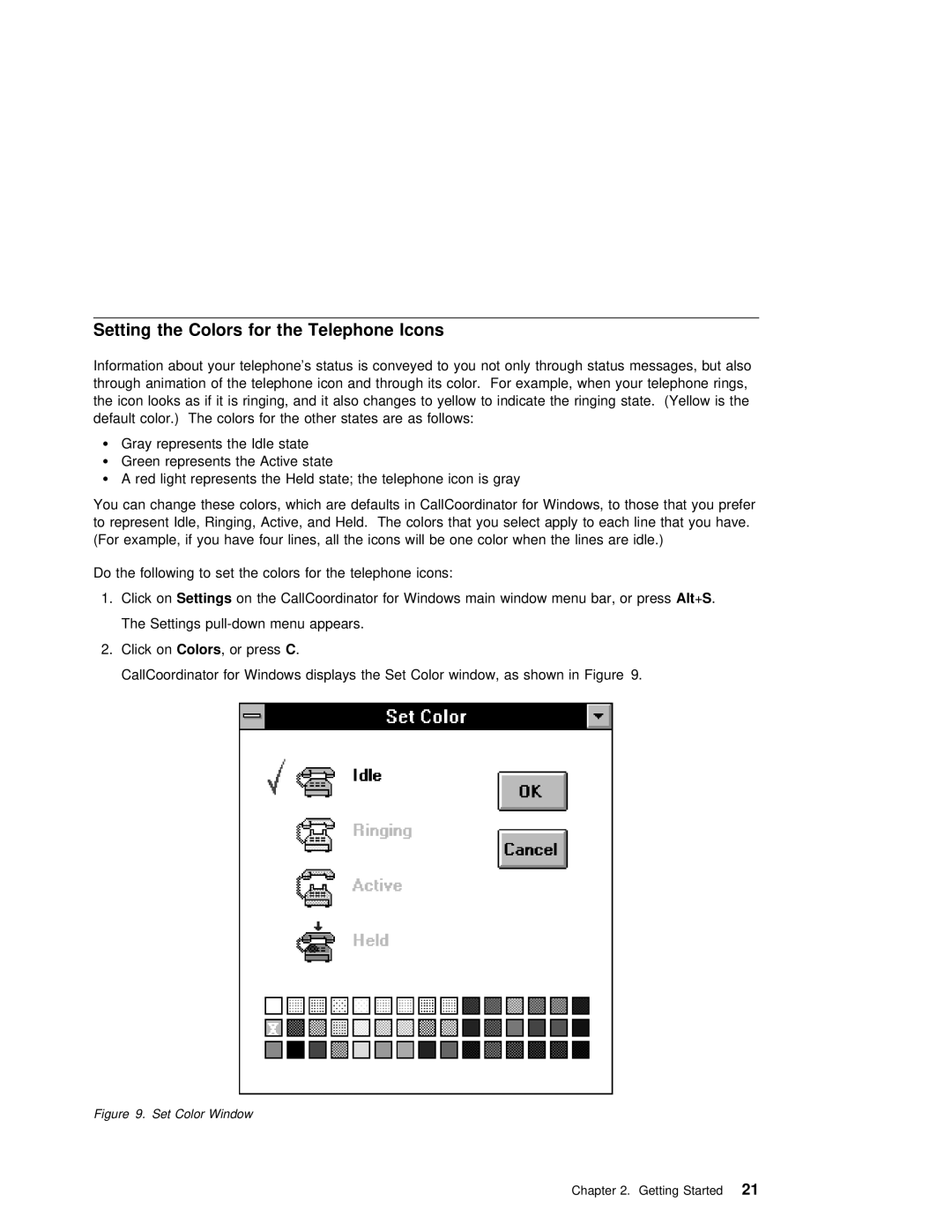 IBM SC31-6254-01 manual Setting the Colors for the Telephone Icons, Set Color Window 