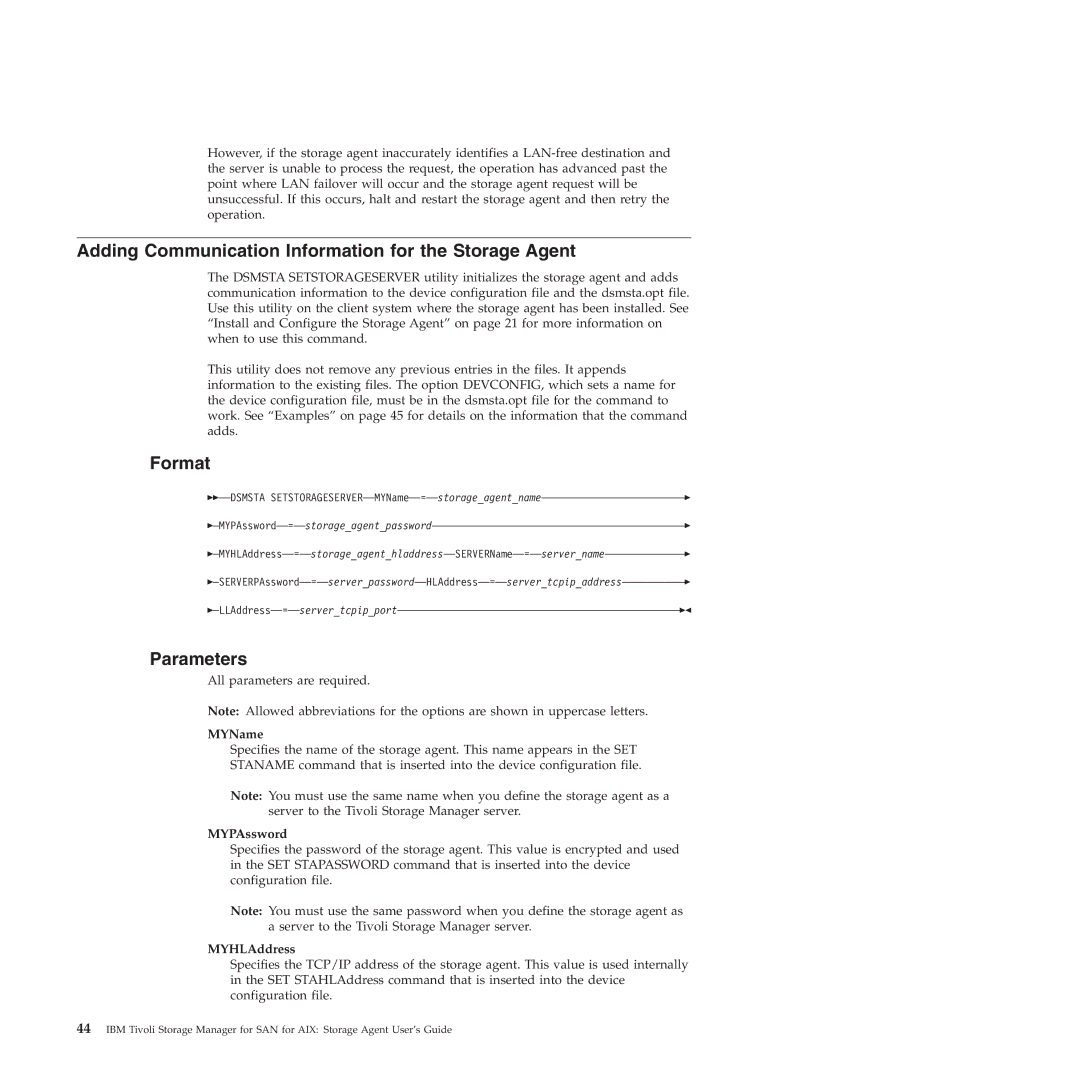 IBM SC32-0129-00 manual Adding Communication Information for the Storage Agent, Format, Parameters 