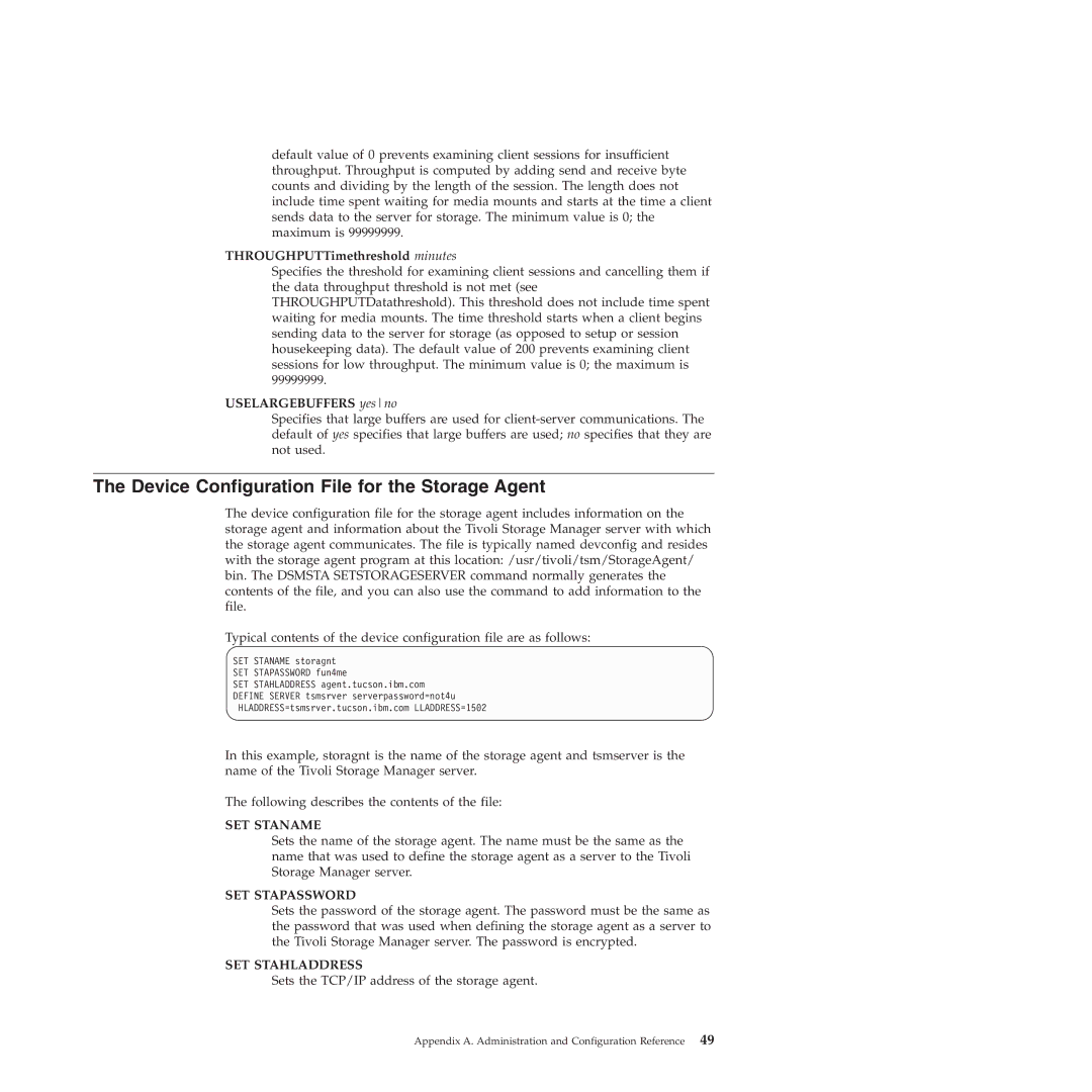 IBM SC32-0129-00 Device Configuration File for the Storage Agent, THROUGHPUTTimethreshold minutes, Uselargebuffers yesno 