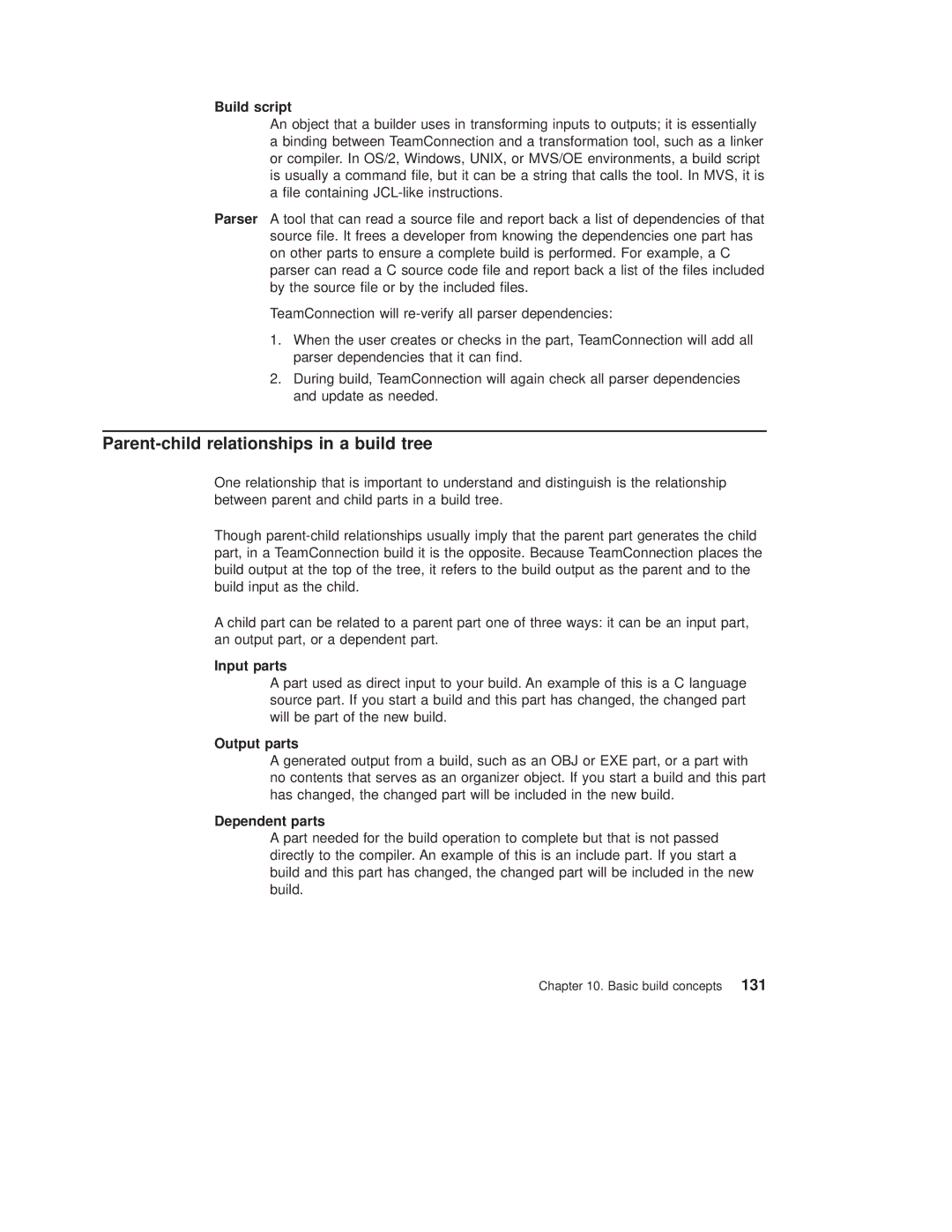 IBM SC34-4499-03 Parent-child relationships in a build tree, Build script, Input parts, Output parts, Dependent parts 