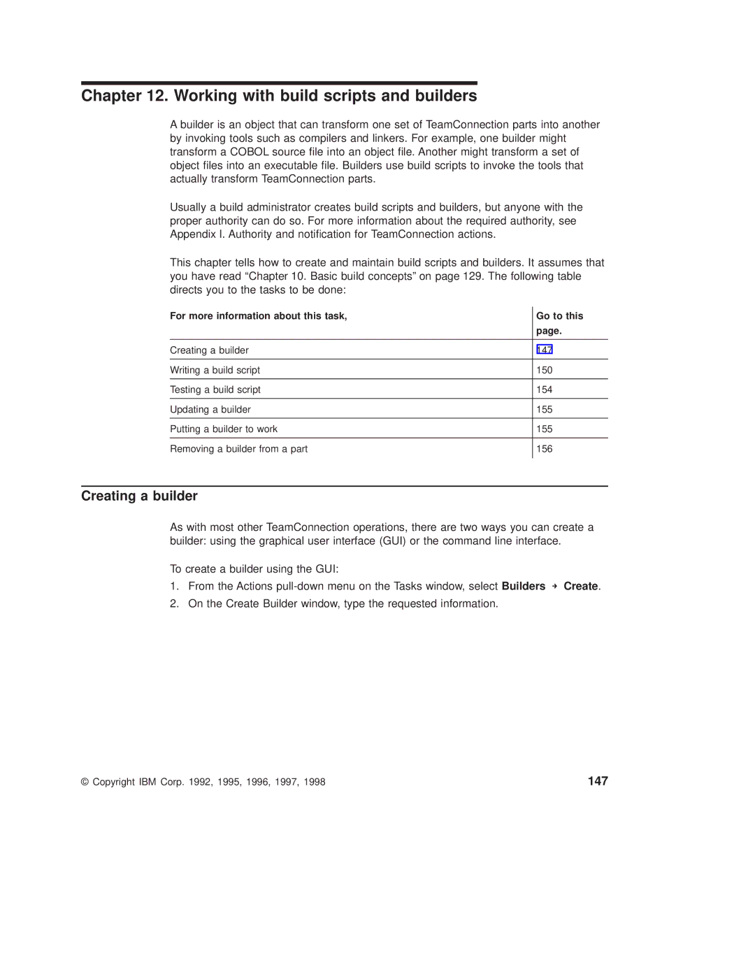 IBM SC34-4499-03 manual Working with build scripts and builders, Creating a builder, 147 