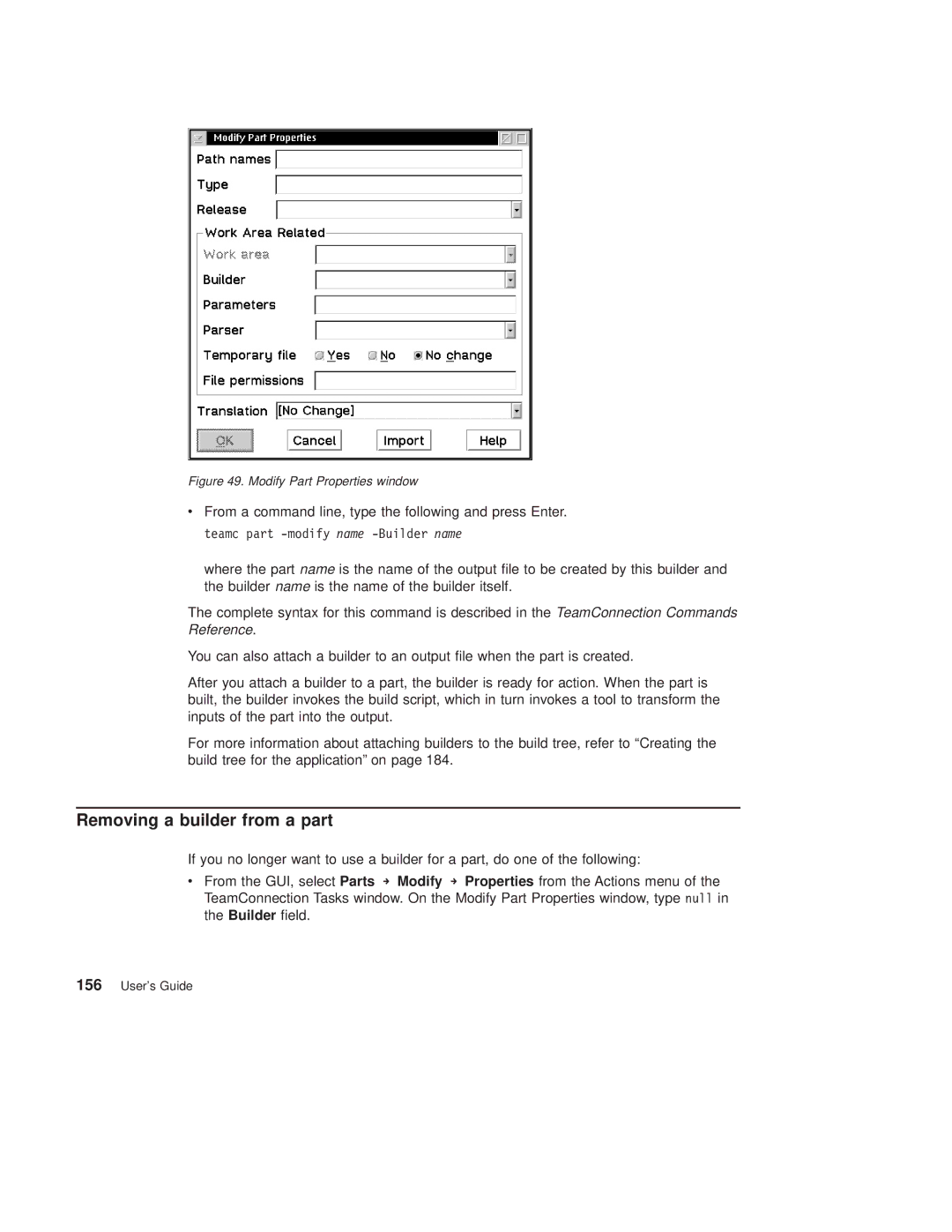 IBM SC34-4499-03 manual Removing a builder from a part, Modify Part Properties window 