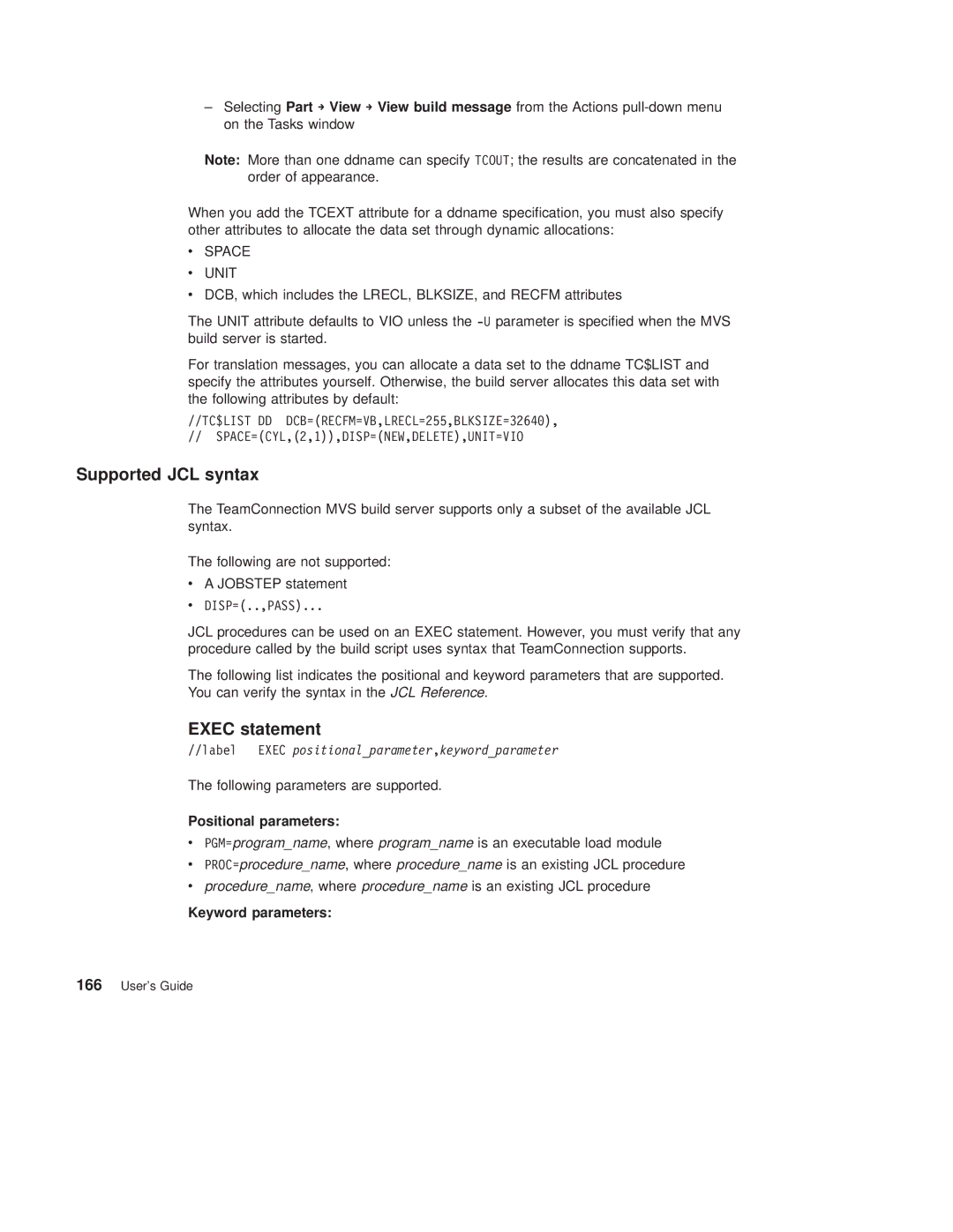 IBM SC34-4499-03 manual Supported JCL syntax, Exec statement, Positional parameters, Keyword parameters 