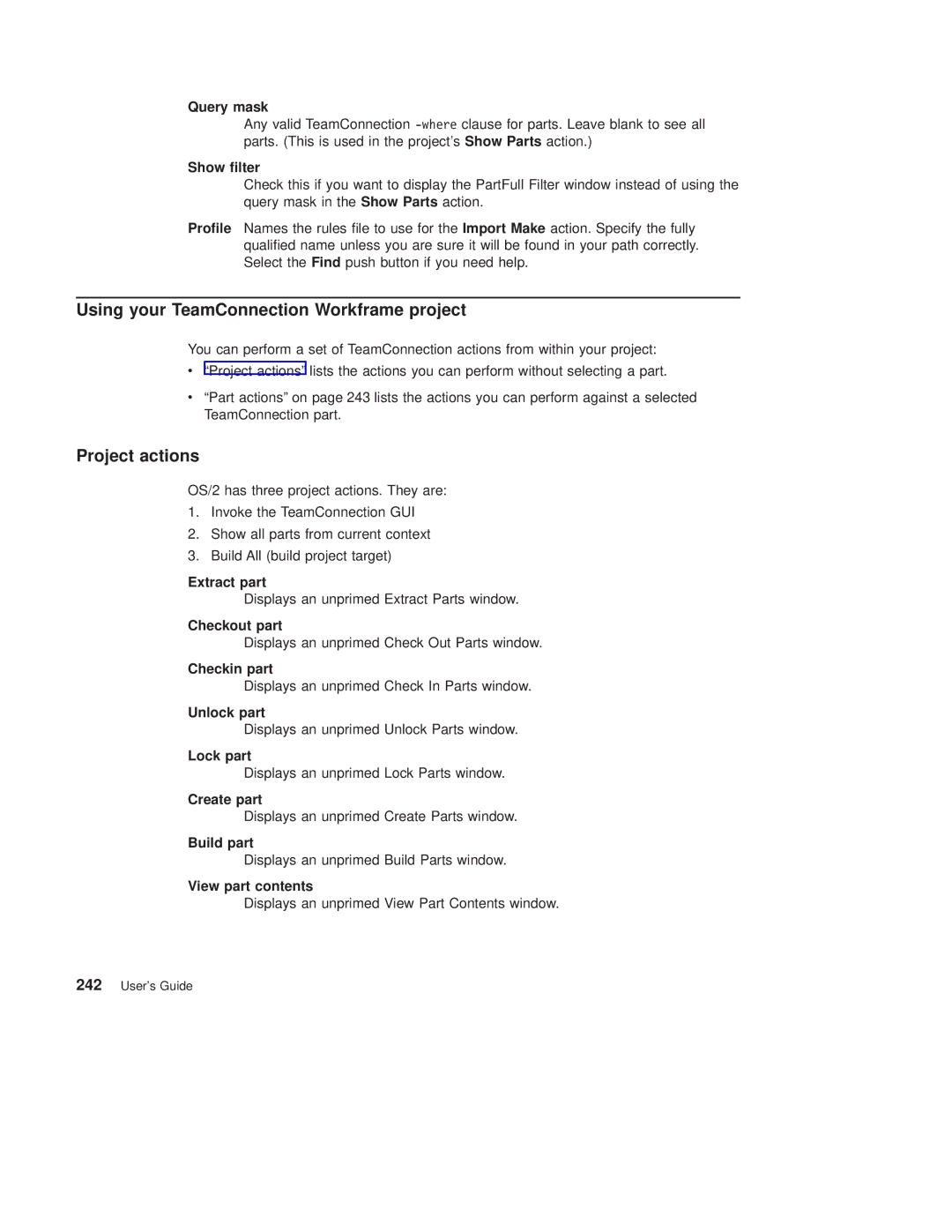 IBM SC34-4499-03 manual Using your TeamConnection Workframe project, Project actions 