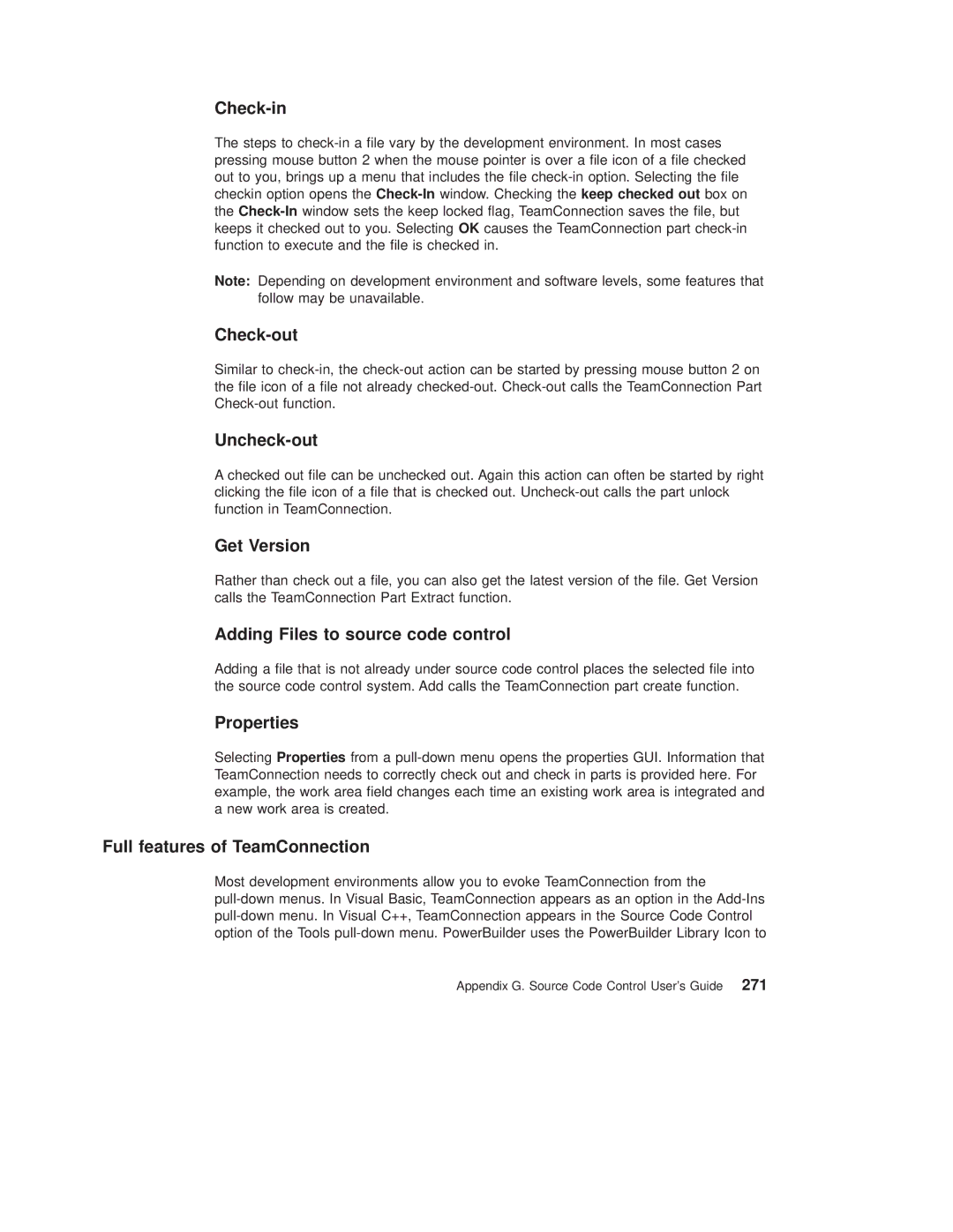 IBM SC34-4499-03 manual Check-in, Check-out, Uncheck-out, Get Version, Adding Files to source code control, Properties 