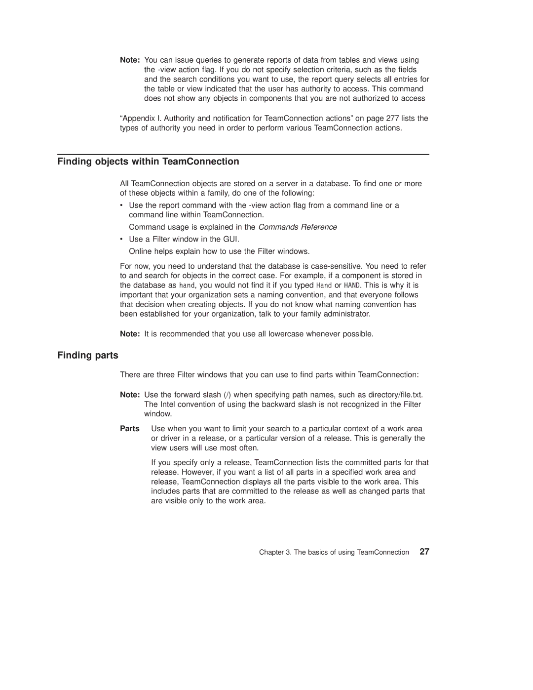 IBM SC34-4499-03 manual Finding objects within TeamConnection, Finding parts 