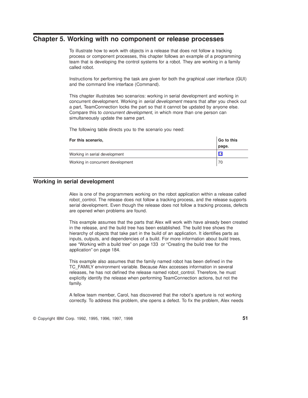 IBM SC34-4499-03 manual Working with no component or release processes, Working in serial development 