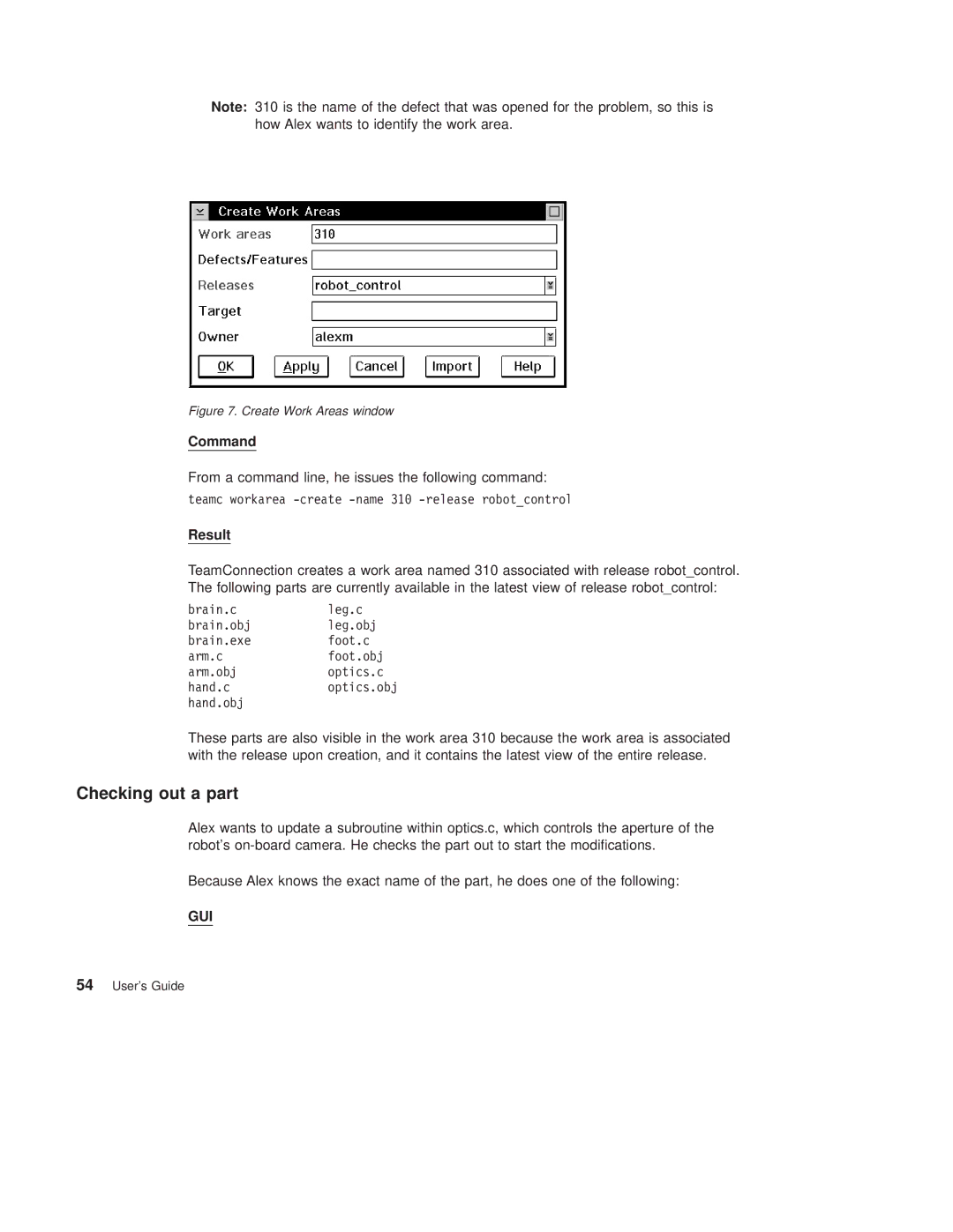 IBM SC34-4499-03 manual Checking out a part, Create Work Areas window 