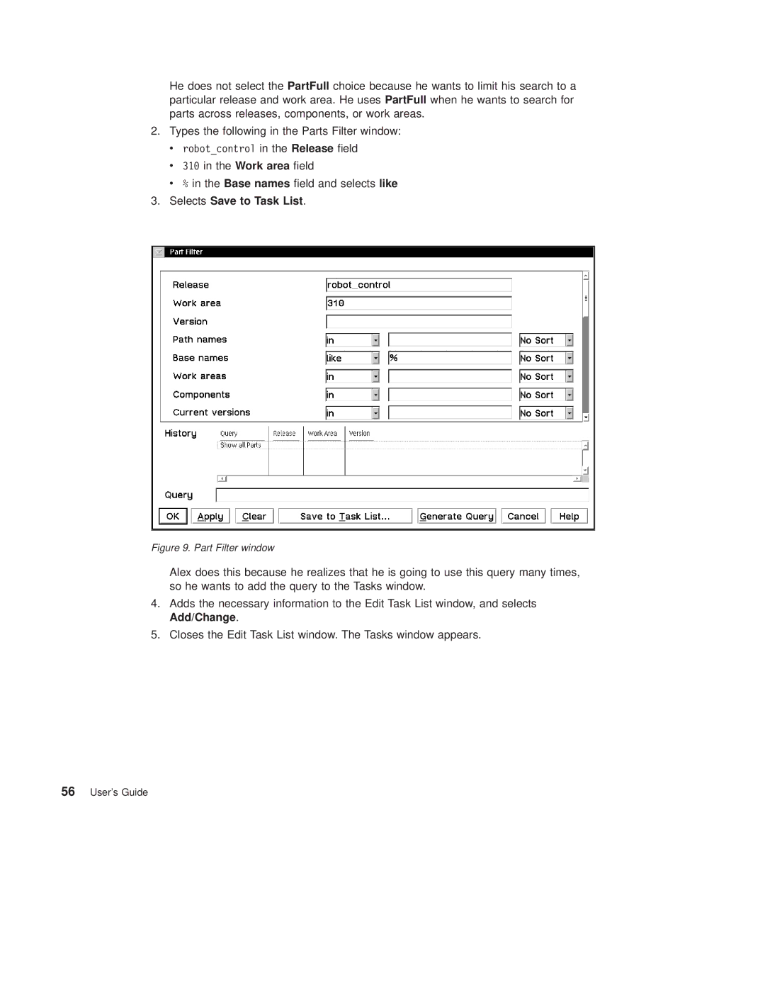 IBM SC34-4499-03 manual Selects Save to Task List, Part Filter window 