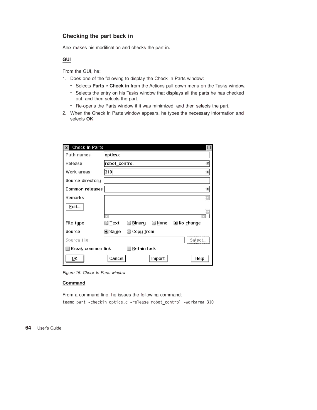 IBM SC34-4499-03 manual Checking the part back, Check In Parts window 