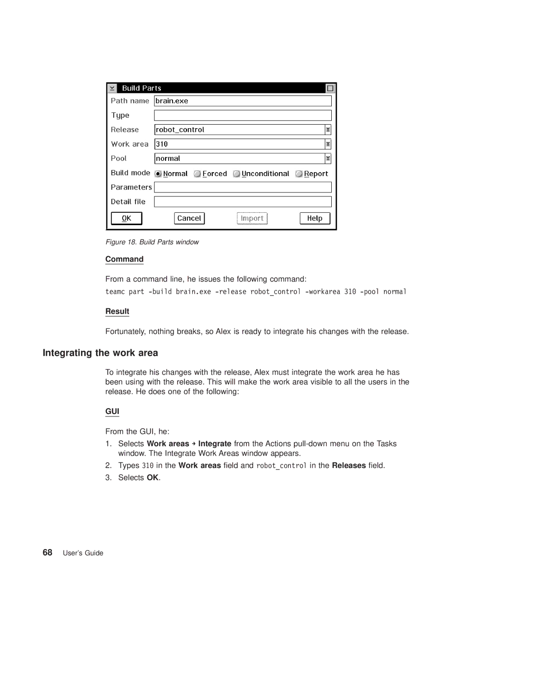 IBM SC34-4499-03 manual Integrating the work area, Build Parts window 