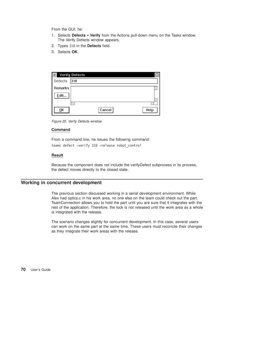 IBM SC34-4499-03 manual Working in concurrent development, Verify Defects window 