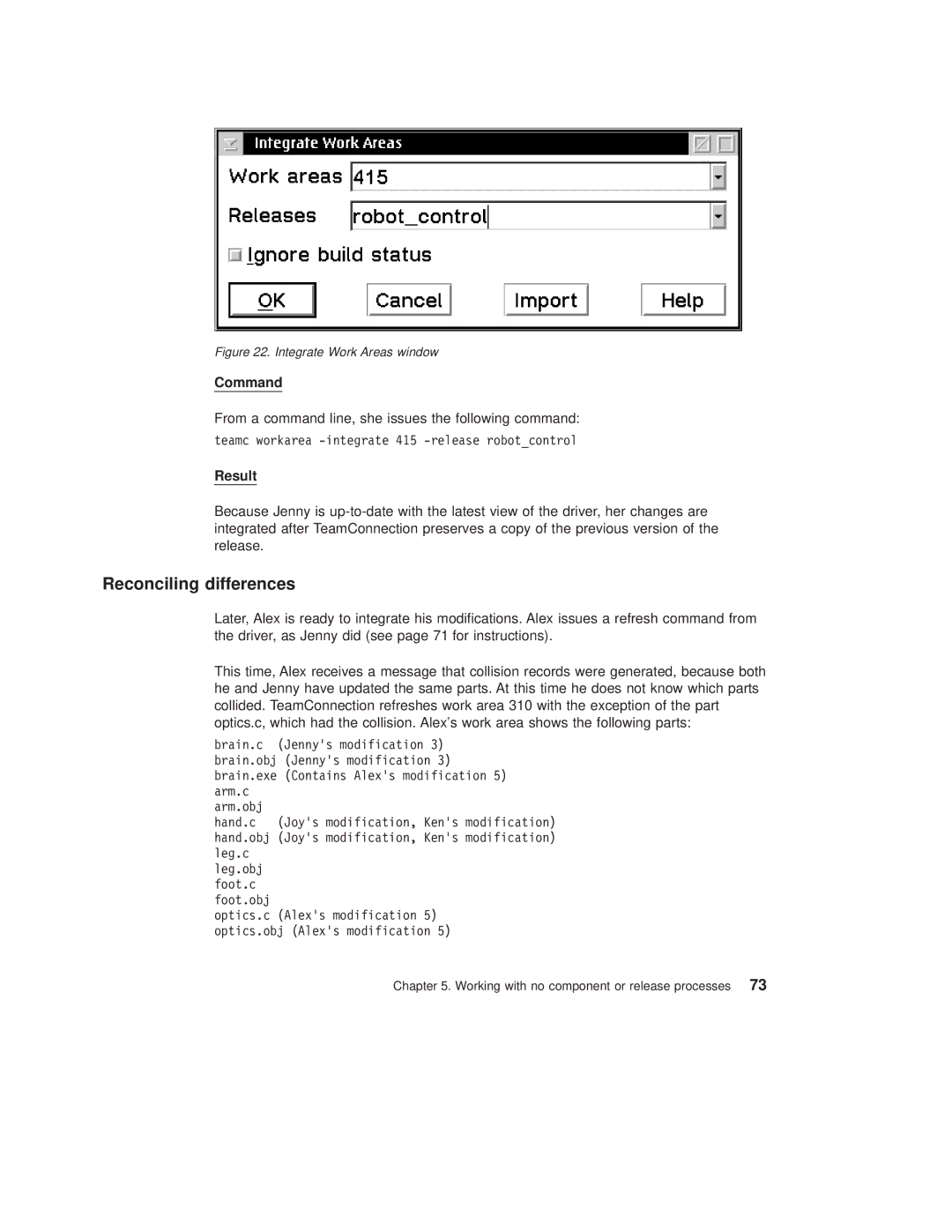 IBM SC34-4499-03 manual Reconciling differences, Integrate Work Areas window 