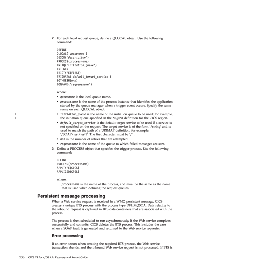 IBM SC34-7012-01 manual Persistent message processing, Error processing 