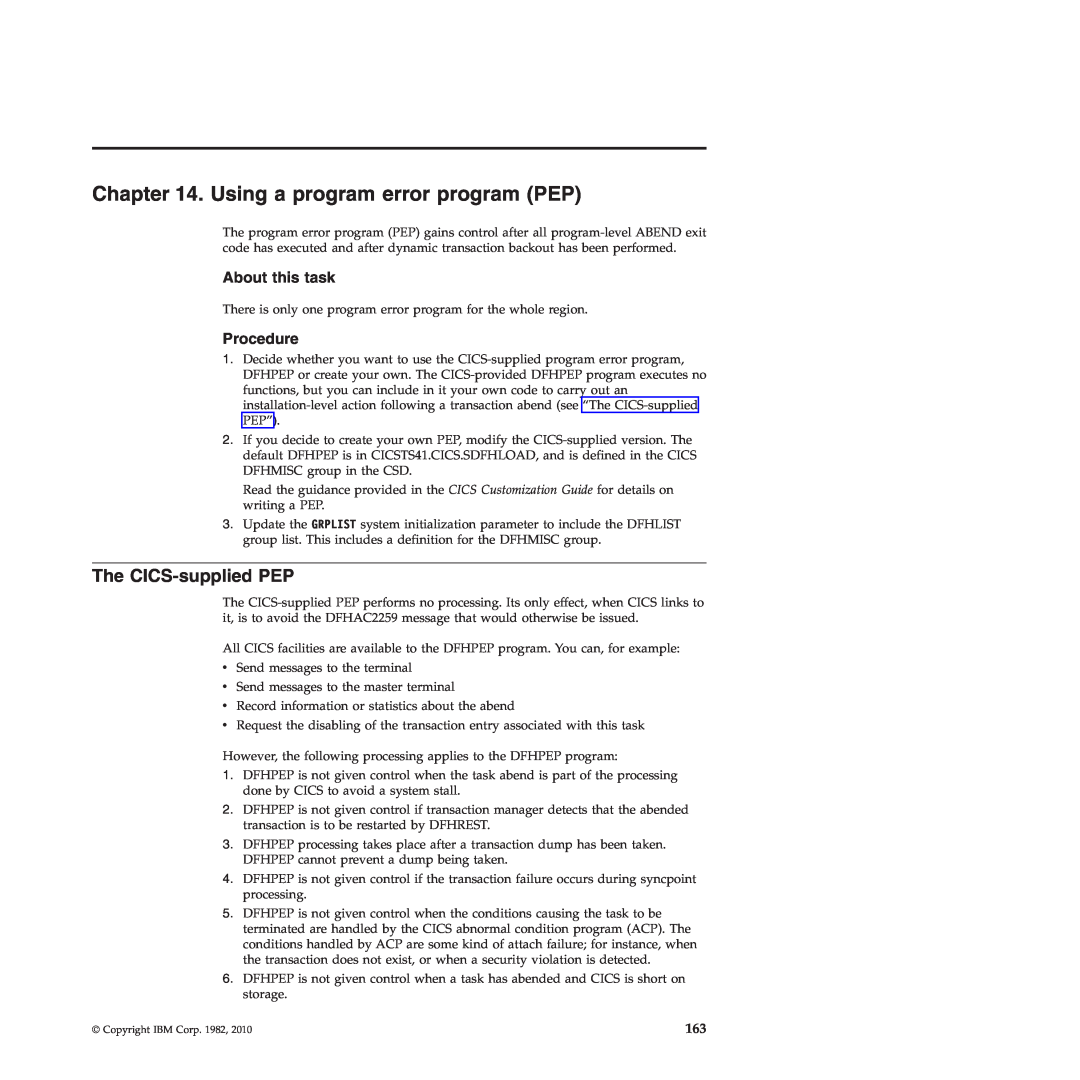 IBM SC34-7012-01 manual Using a program error program PEP, The CICS-supplied PEP, About this task, Procedure 
