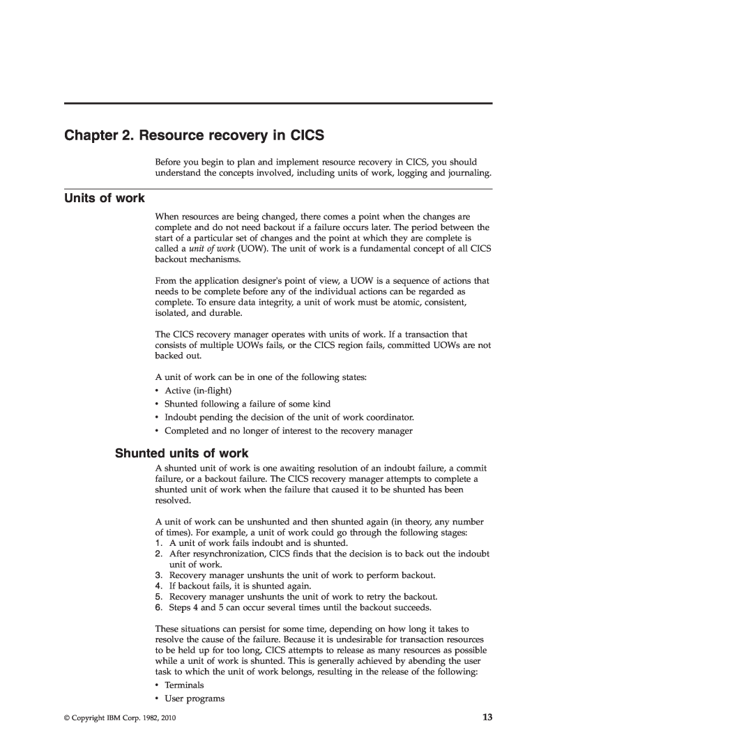 IBM SC34-7012-01 manual Resource recovery in CICS, Units of work, Shunted units of work 