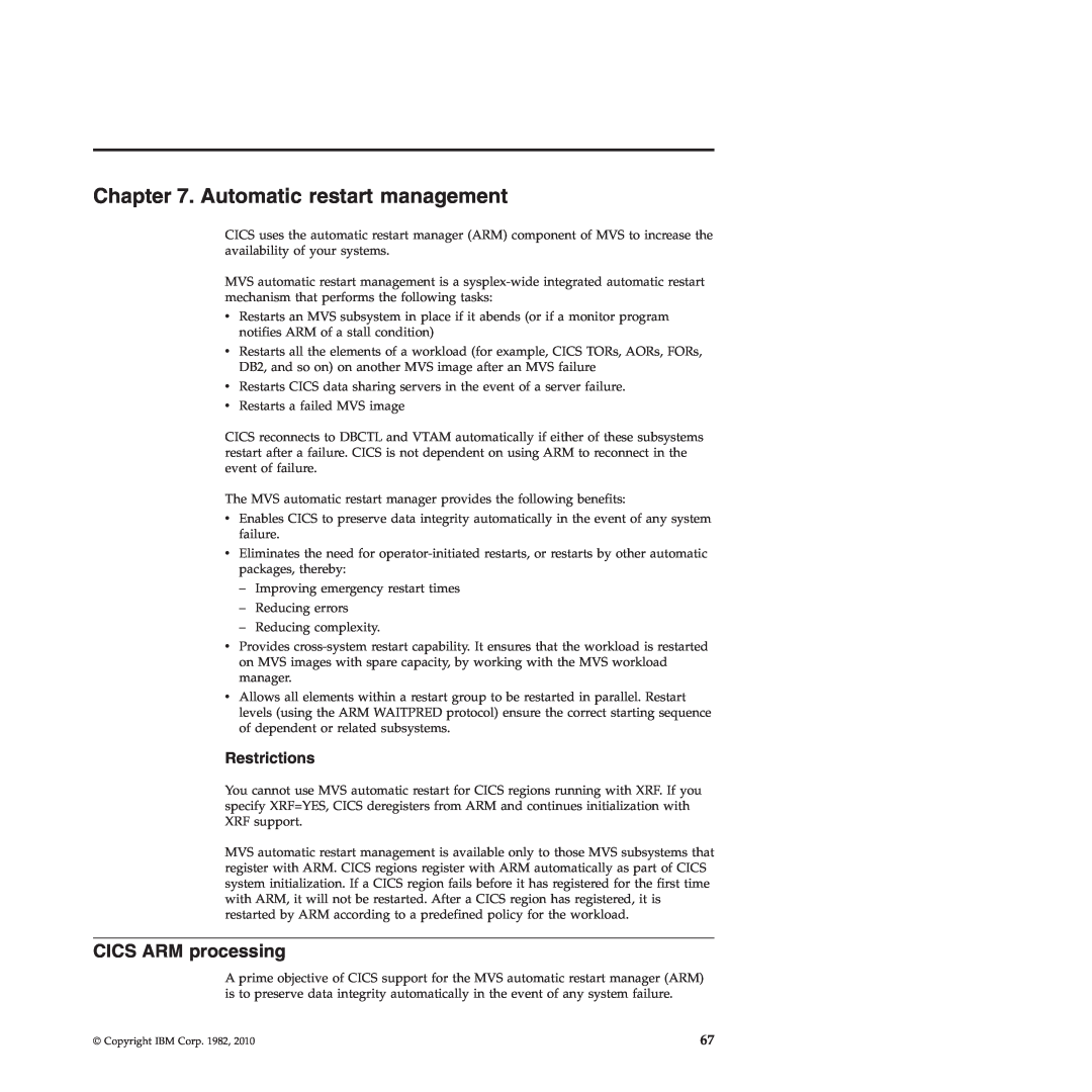 IBM SC34-7012-01 manual Automatic restart management, CICS ARM processing, Restrictions 