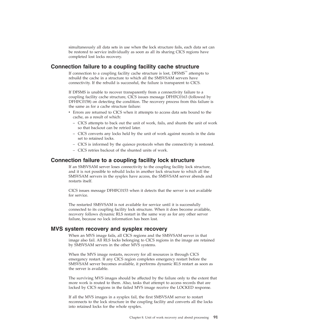 IBM SC34-7012-01 manual Connection failure to a coupling facility cache structure, MVS system recovery and sysplex recovery 