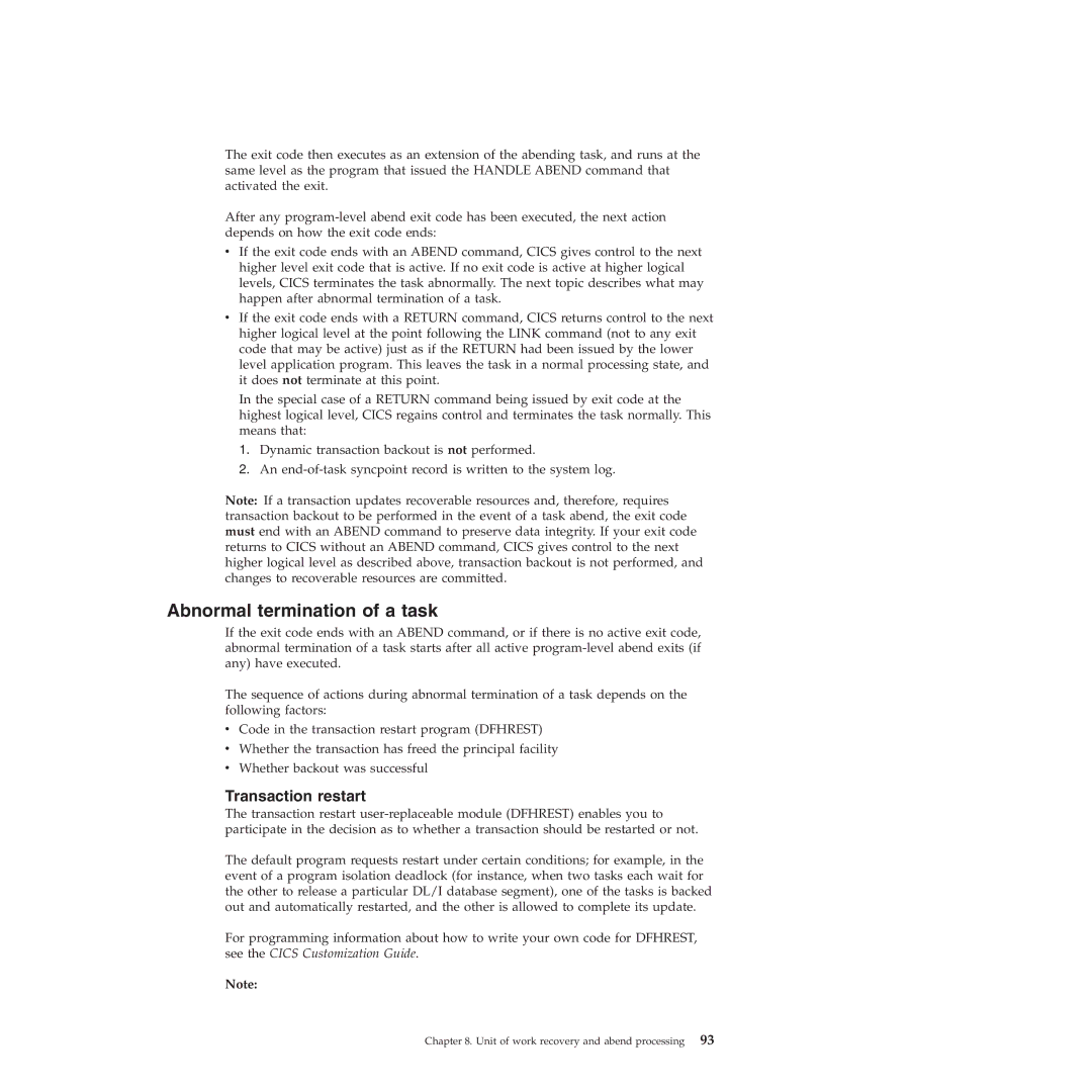 IBM SC34-7012-01 manual Abnormal termination of a task, Transaction restart 