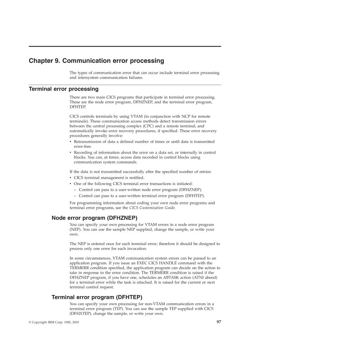 IBM SC34-7012-01 manual Communication error processing, Terminal error processing, Node error program Dfhznep 