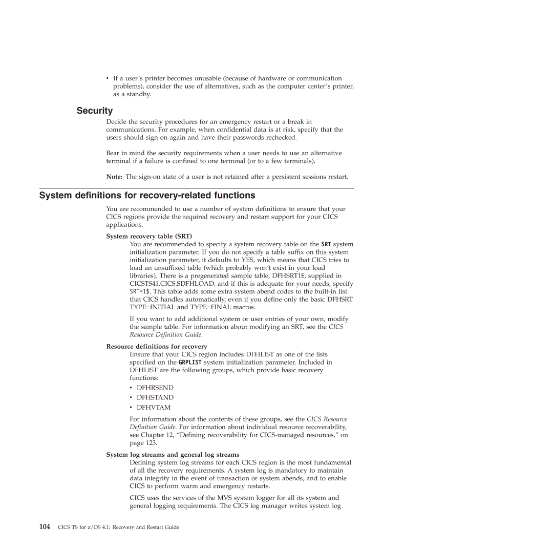 IBM SC34-7012-01 manual Security, System definitions for recovery-related functions, System recovery table SRT 