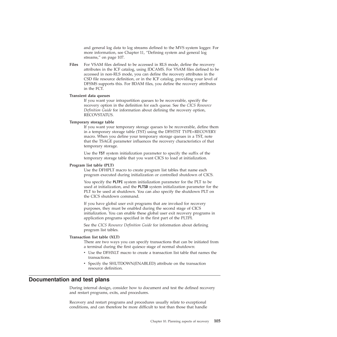 IBM SC34-7012-01 Documentation and test plans, Transient data queues, Temporary storage table, Program list table PLT 