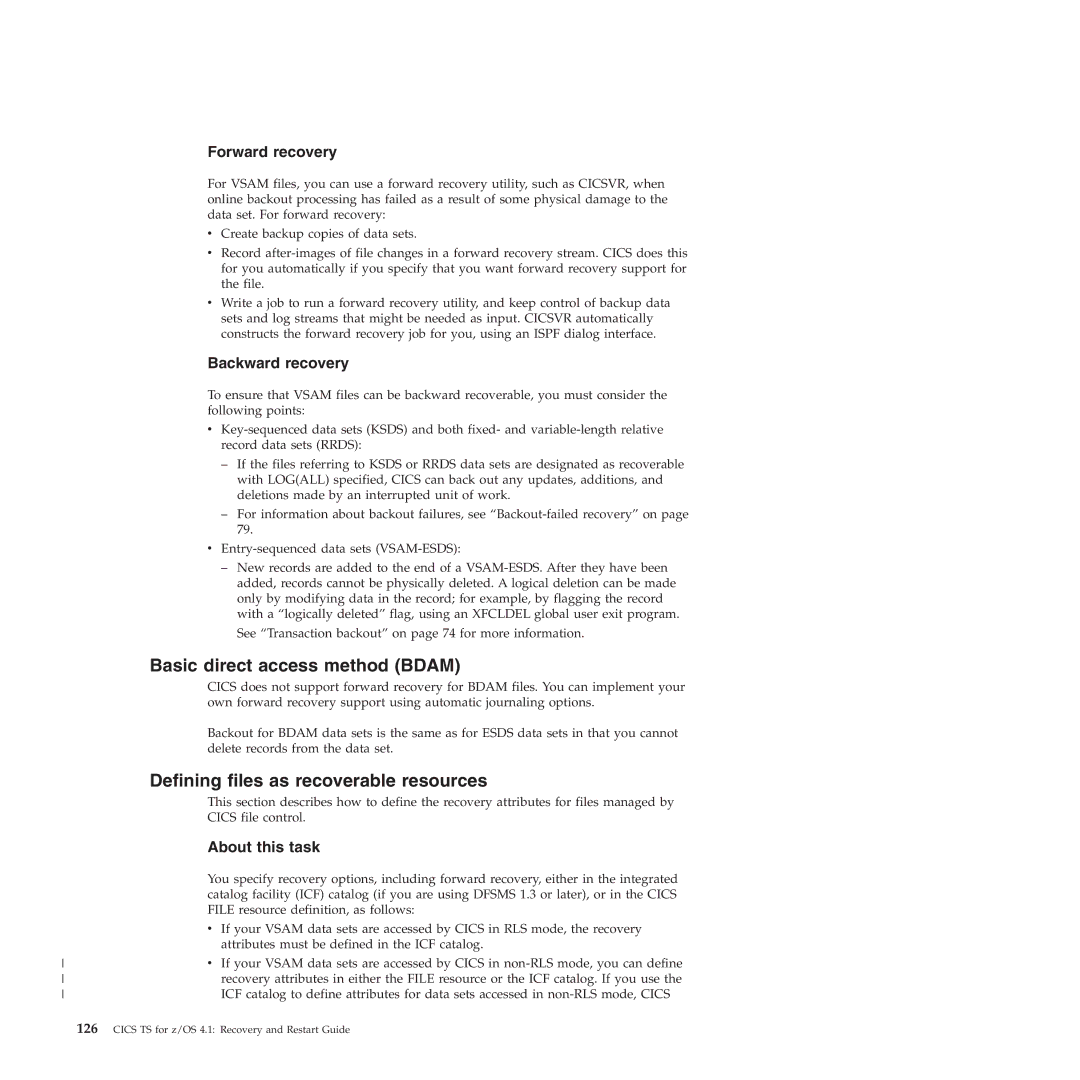 IBM SC34-7012-01 manual Basic direct access method Bdam, Defining files as recoverable resources, Forward recovery 