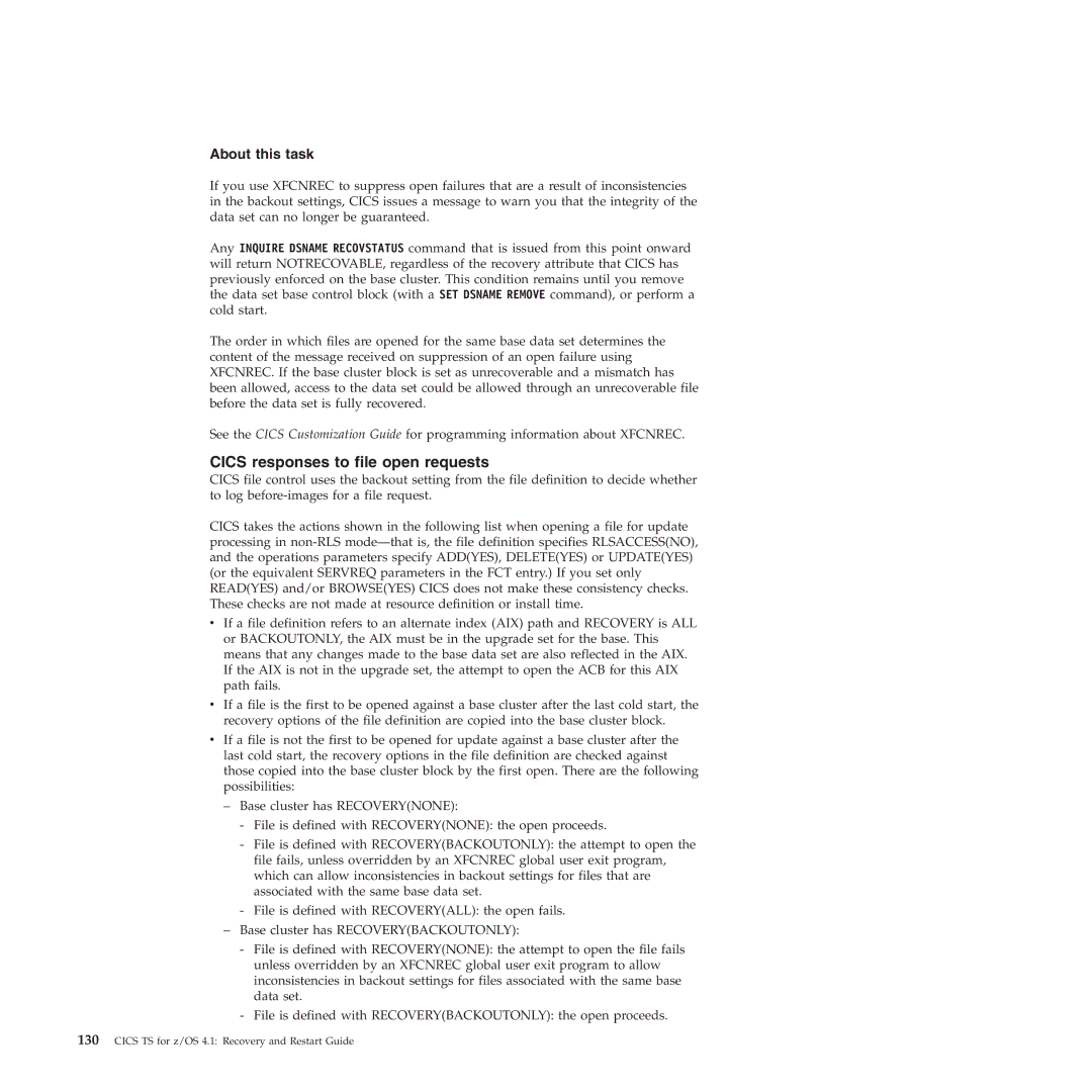 IBM SC34-7012-01 manual Cics responses to file open requests 