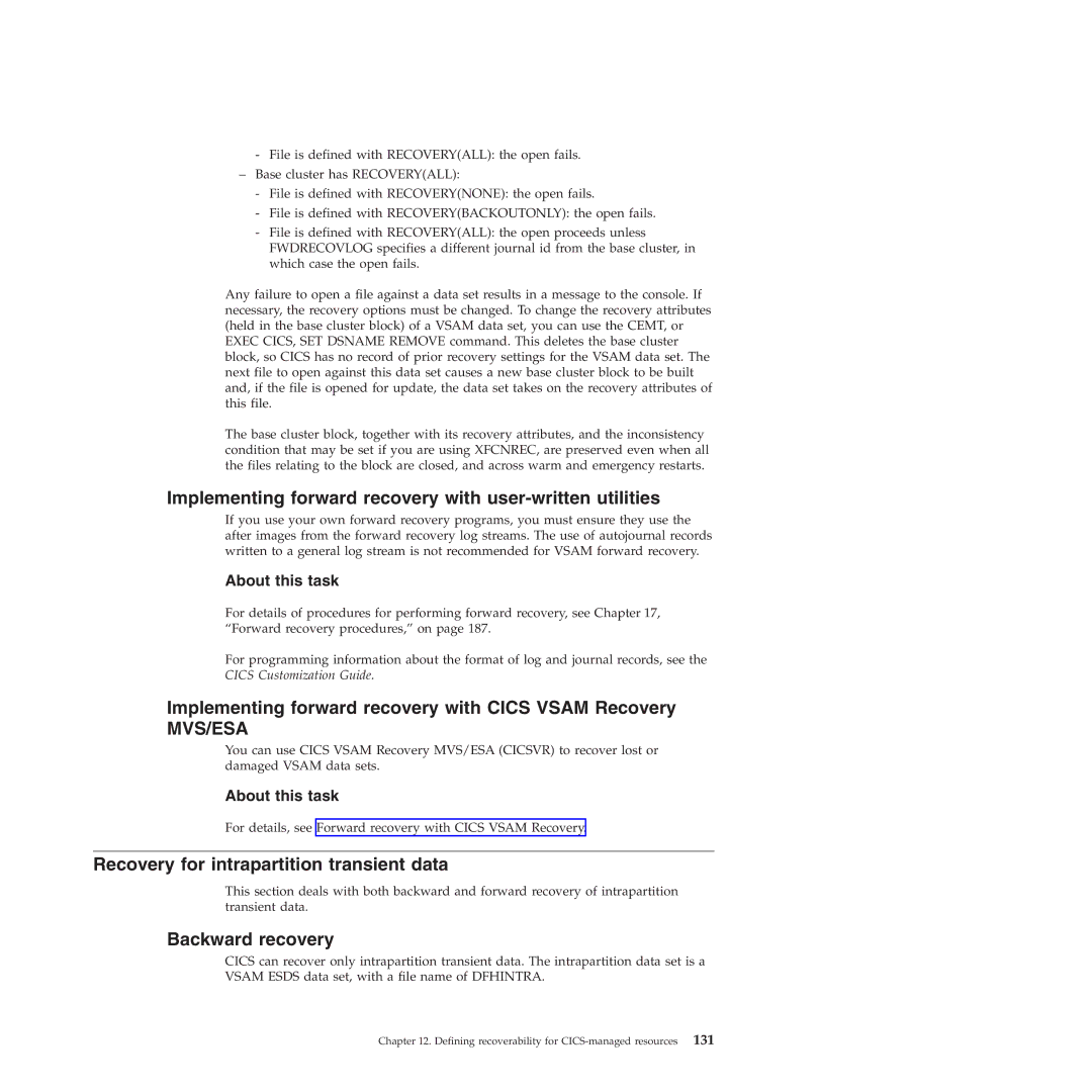 IBM SC34-7012-01 Implementing forward recovery with user-written utilities, Recovery for intrapartition transient data 