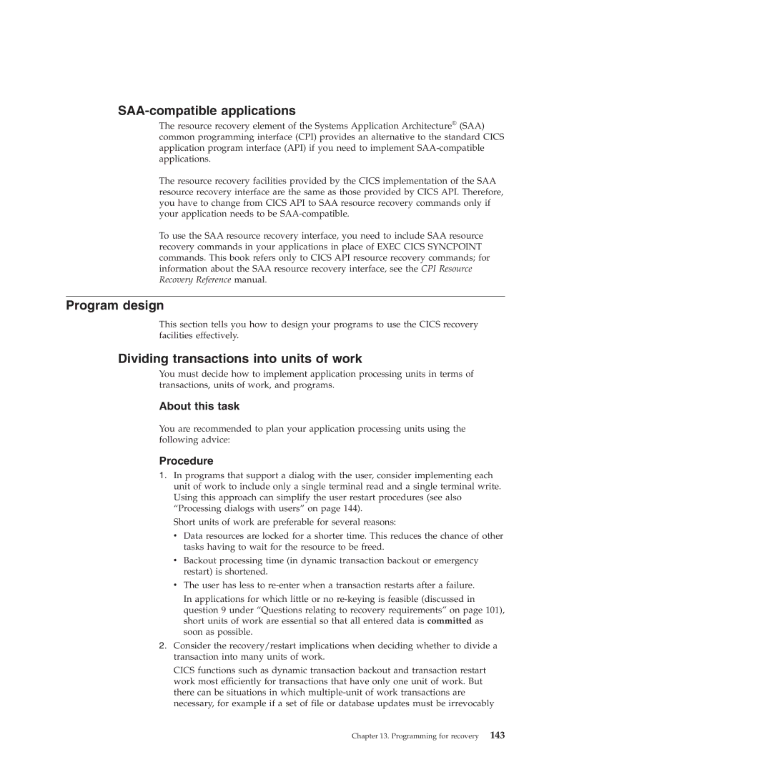 IBM SC34-7012-01 manual SAA-compatible applications, Program design, Dividing transactions into units of work 