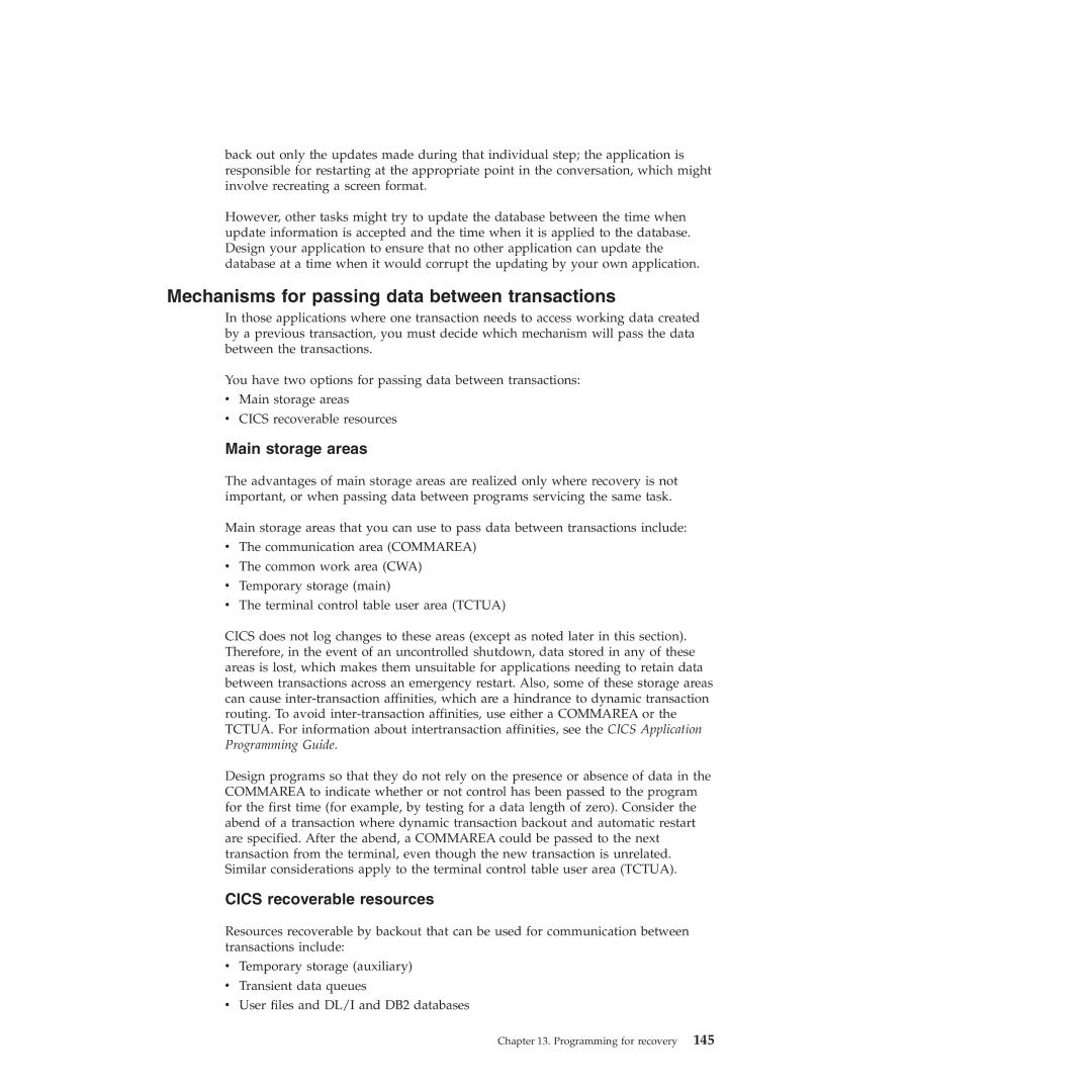 IBM SC34-7012-01 manual Mechanisms for passing data between transactions, Main storage areas, Cics recoverable resources 